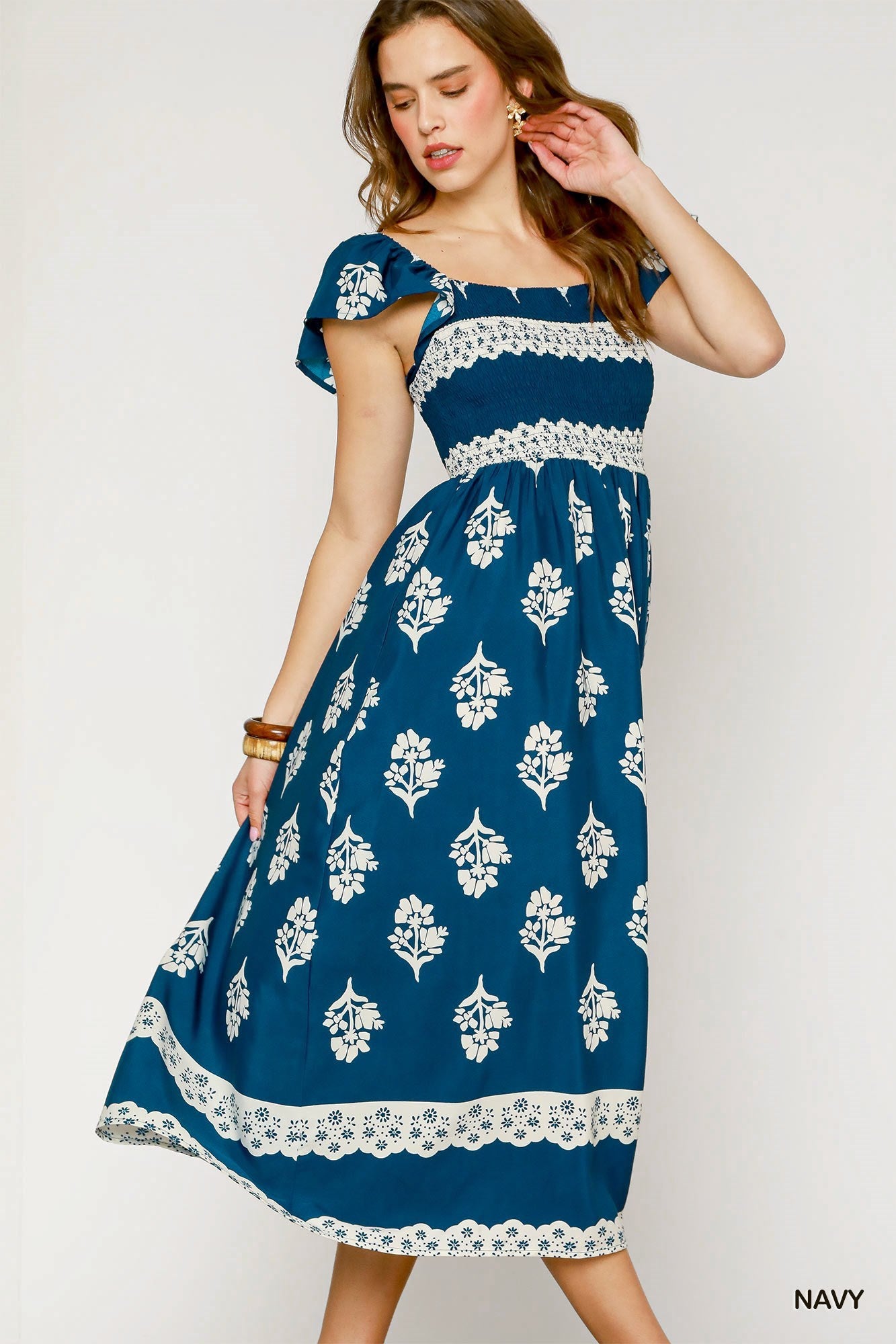 Blue & White Floral Print Ruffle Sleeve Midi Dress, with lace details.