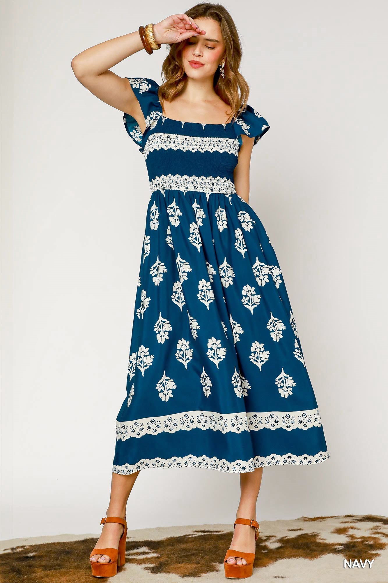 Blue & White Floral Print Ruffle Sleeve Midi Dress, with lace details.