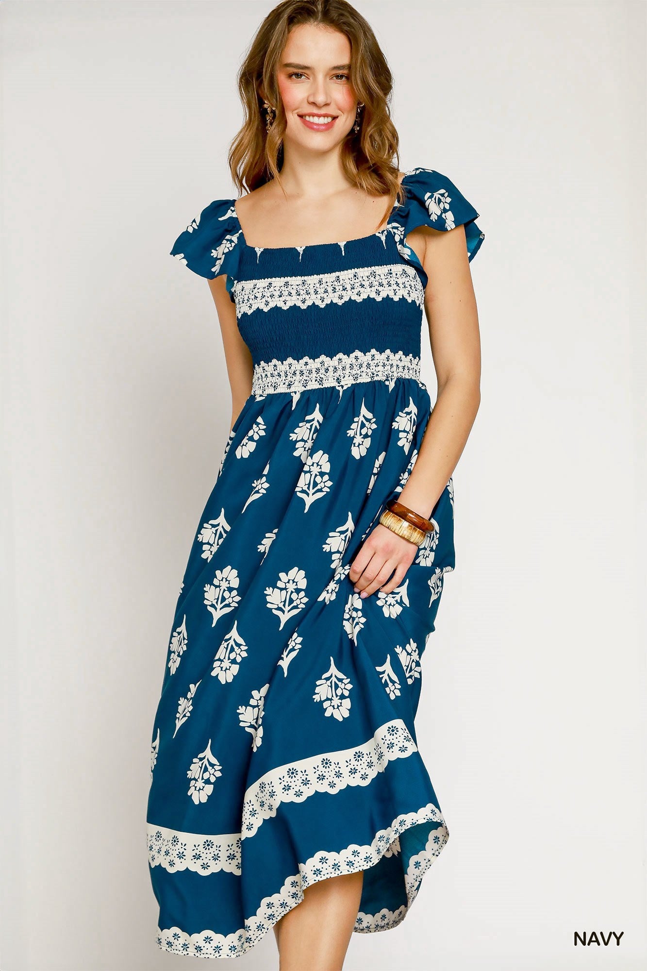 Blue & White Floral Print Ruffle Sleeve Midi Dress, with lace details.