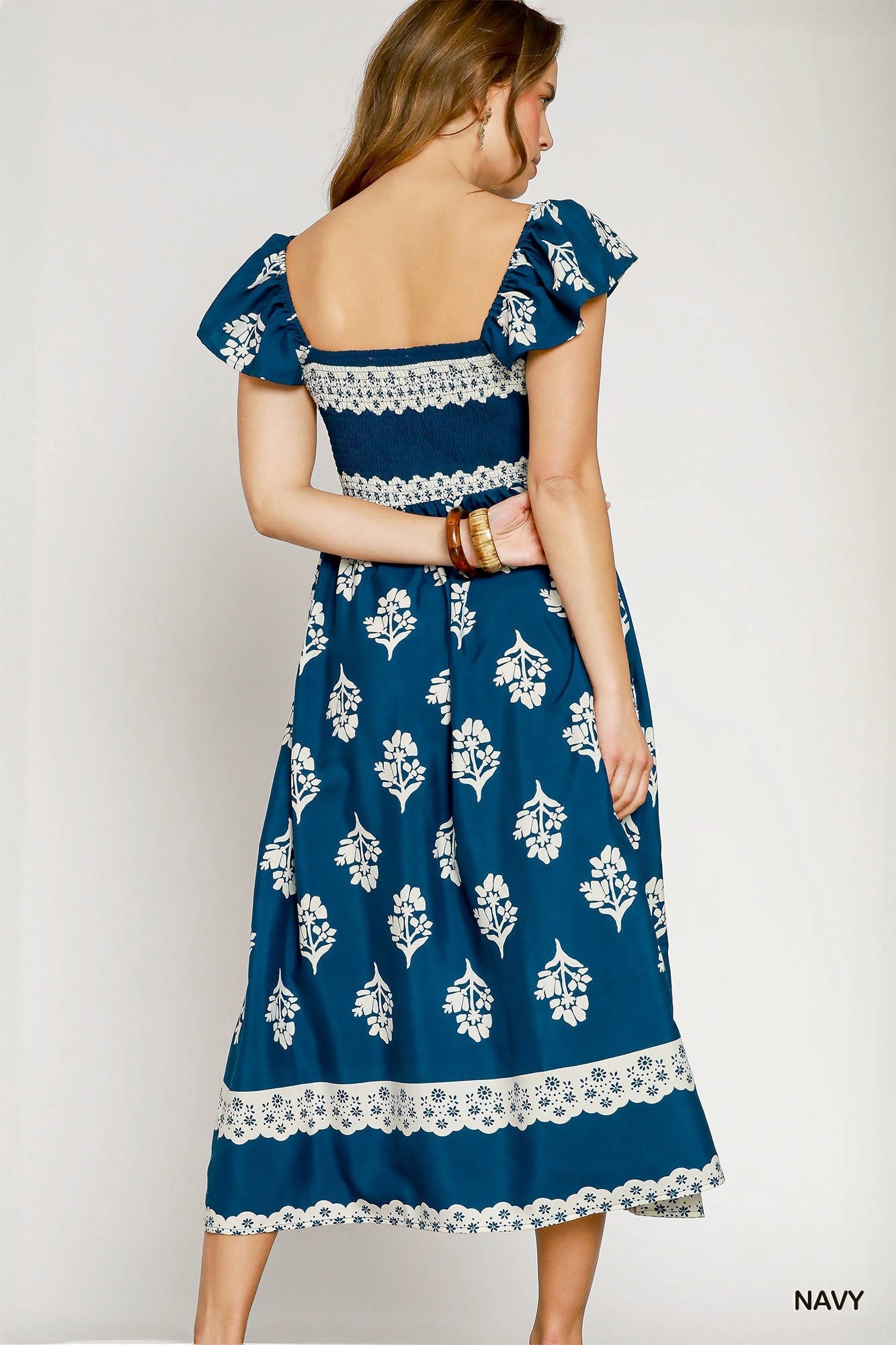 Blue & White Floral Print Ruffle Sleeve Midi Dress, with lace details.
