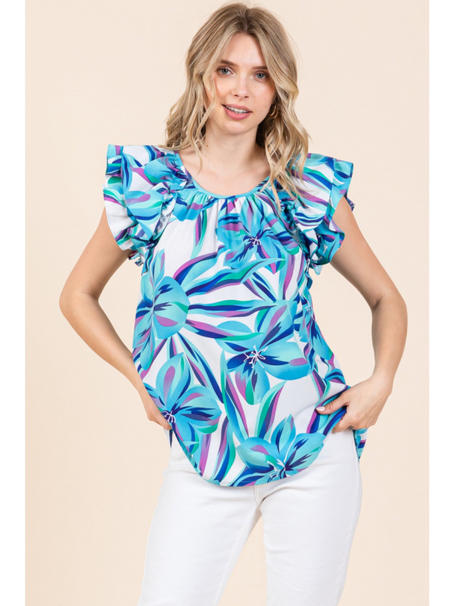 Light Blue & Purple Floral Double Ruffle Flounce Shoulder Top
- Print top with U-neck featuring wrinkle, back buttoned closure, layer flounce shoulder, and curved hemline.