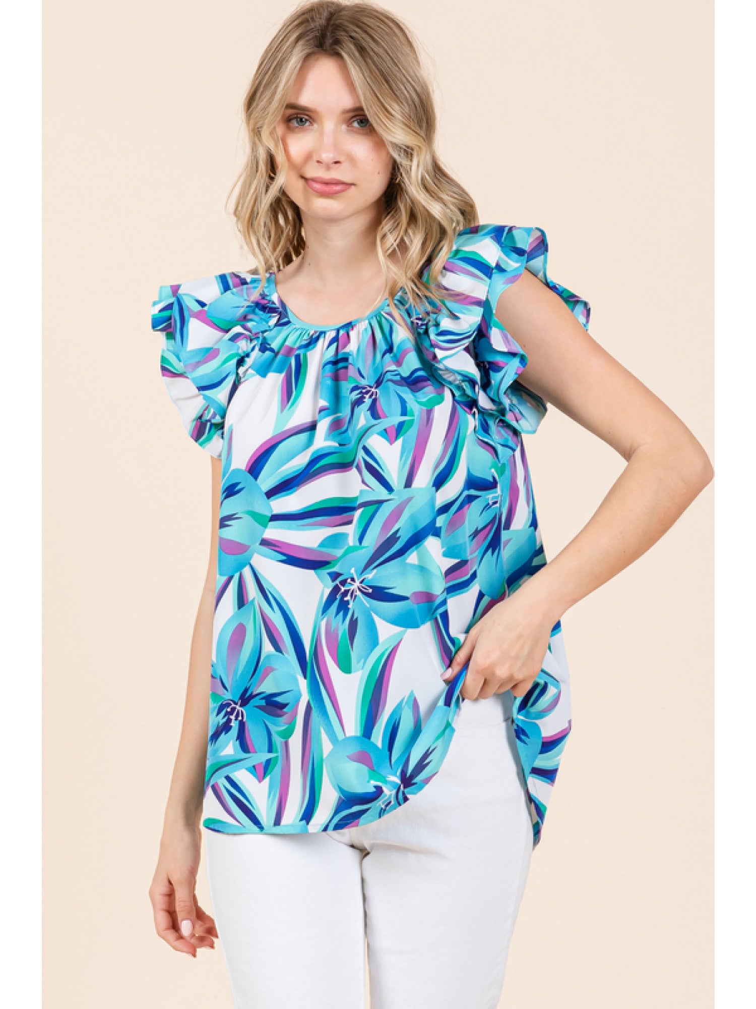 Light Blue & Purple Floral Double Ruffle Flounce Shoulder Top
- Print top with U-neck featuring wrinkle, back buttoned closure, layer flounce shoulder, and curved hemline.