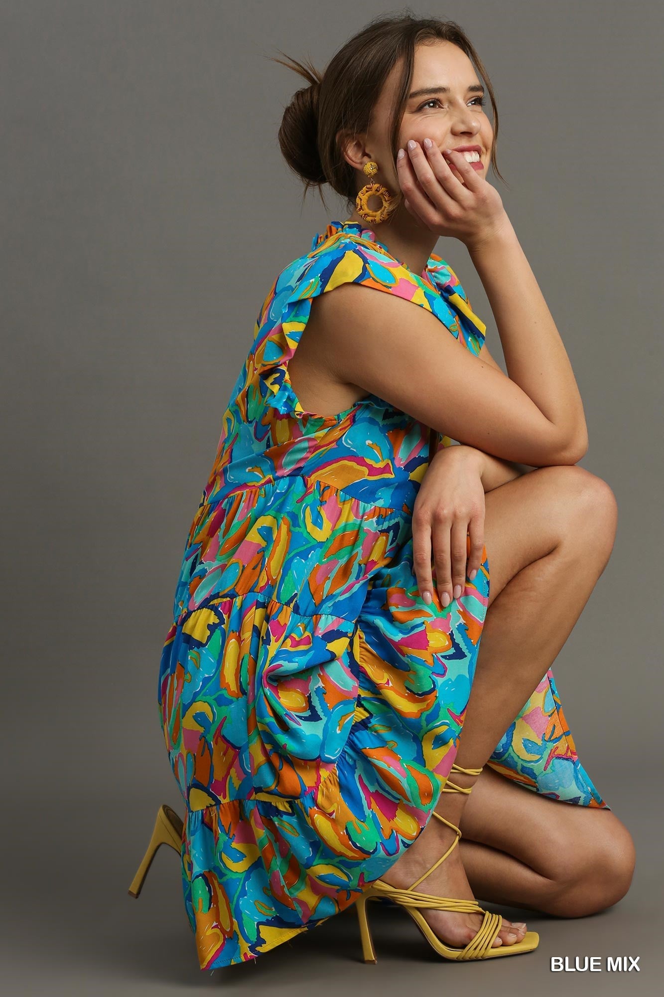 Blue Abstract Print A-Line Tiered Smocked Detail Dress with Ruffle Sleeves, Front Tie
Colors: Sky Blue, Yellow, Orange, Pink, Green, Blue