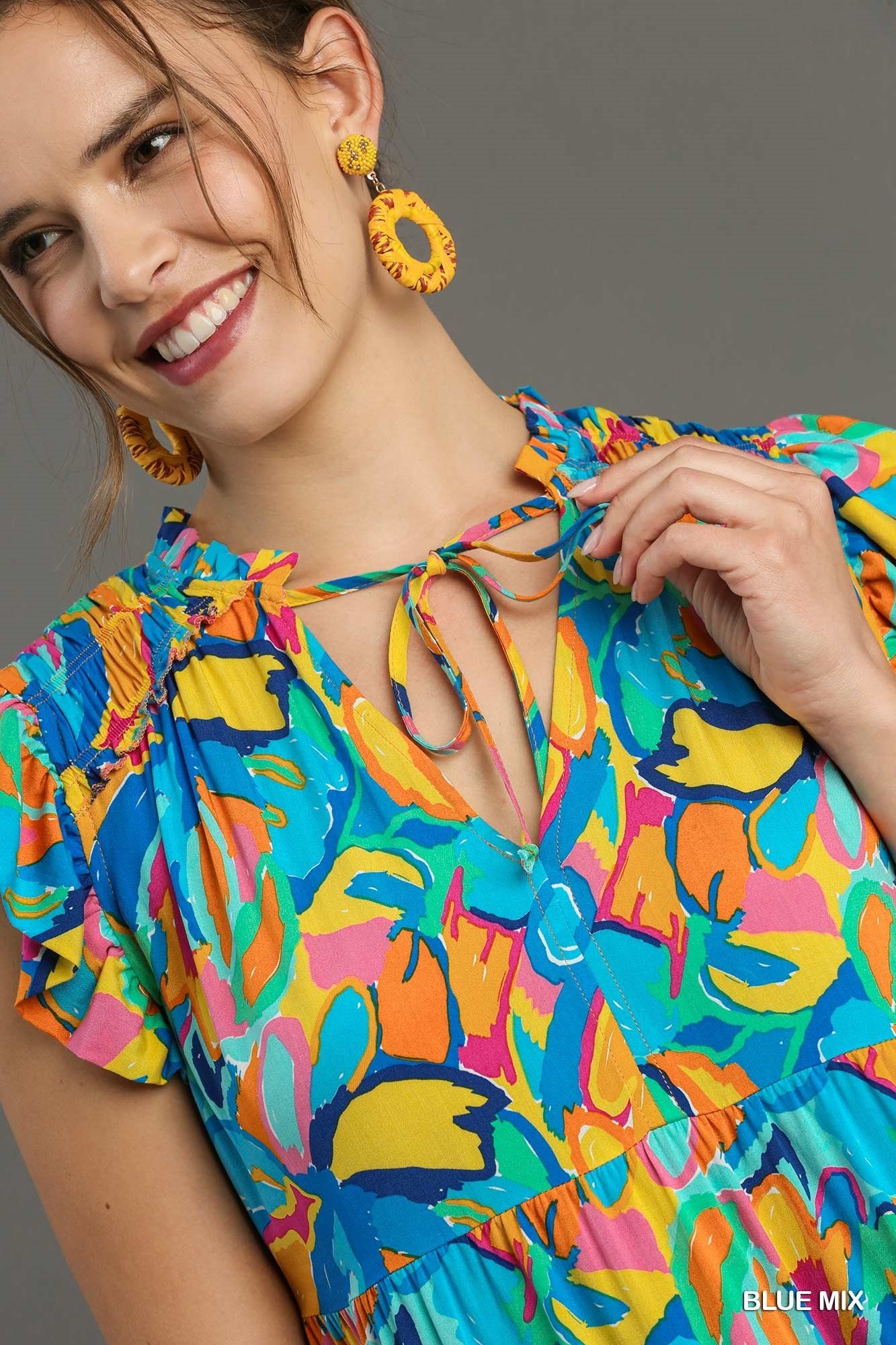 Blue Abstract Print A-Line Tiered Smocked Detail Dress with Ruffle Sleeves, Front Tie
Colors: Sky Blue, Yellow, Orange, Pink, Green, Blue