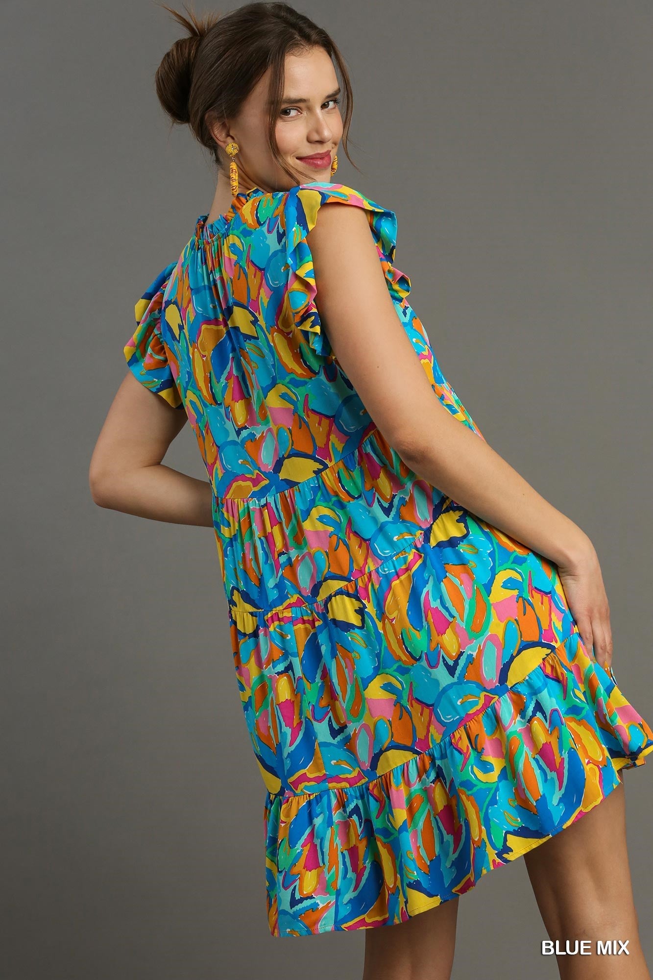 Blue Abstract Print A-Line Tiered Smocked Detail Dress with Ruffle Sleeves, Front Tie
Colors: Sky Blue, Yellow, Orange, Pink, Green, Blue