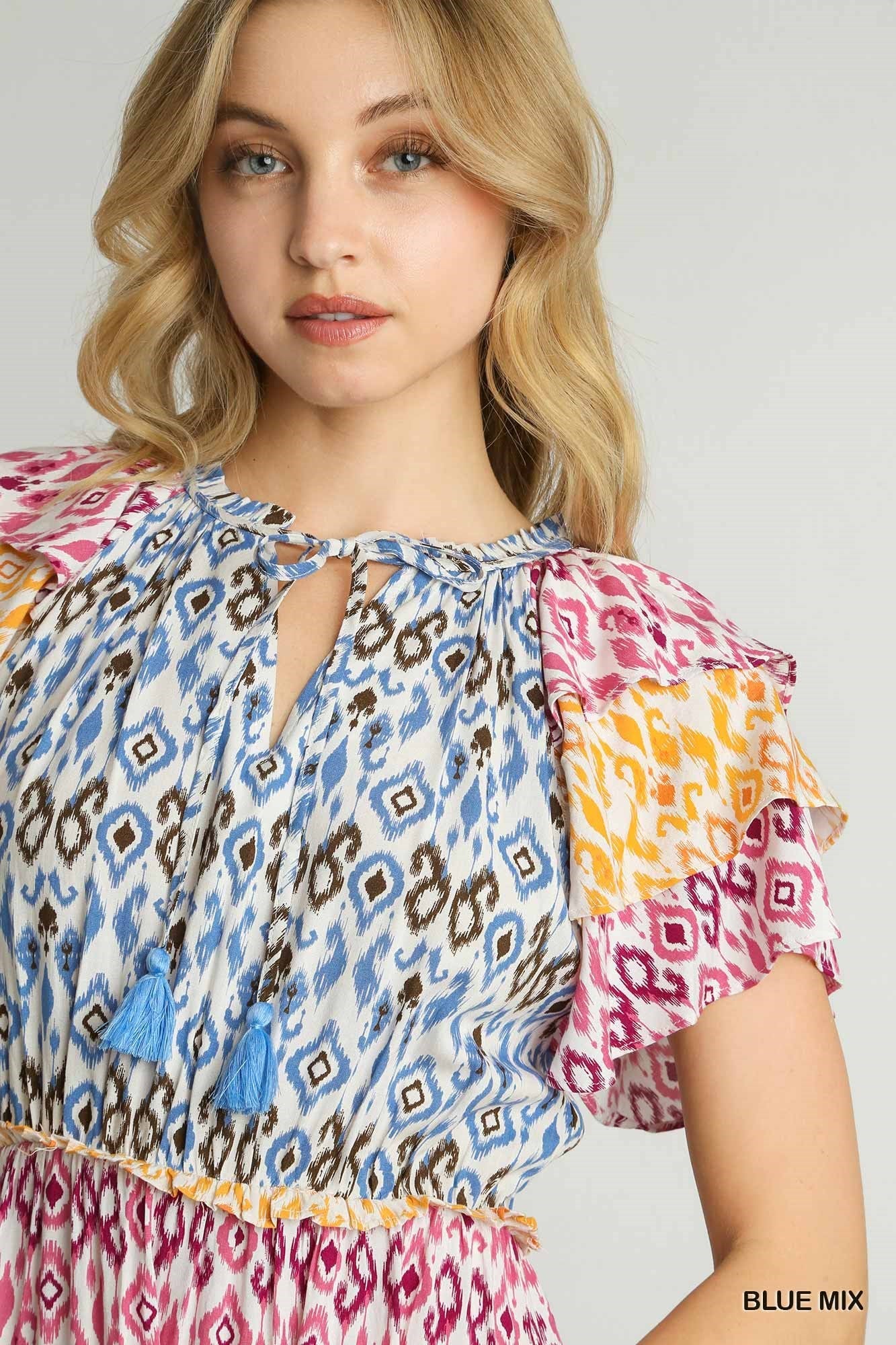 Multi-colored Blue, Yellow and Red Aztec Print Midi Dress with Tassel Front Tie & Ruffle Sleeves.