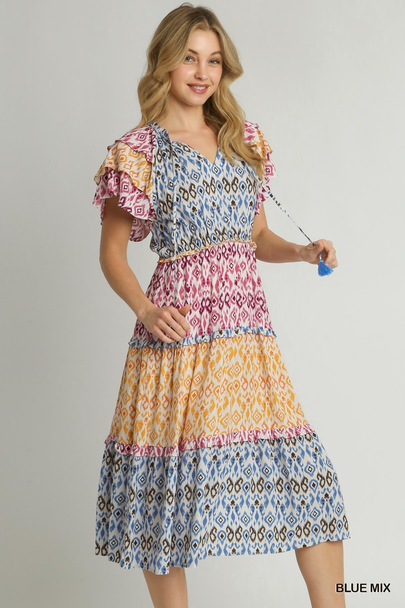 Multi-colored Blue, Yellow and Red Aztec Print Midi Dress with Tassel Front Tie & Ruffle Sleeves.