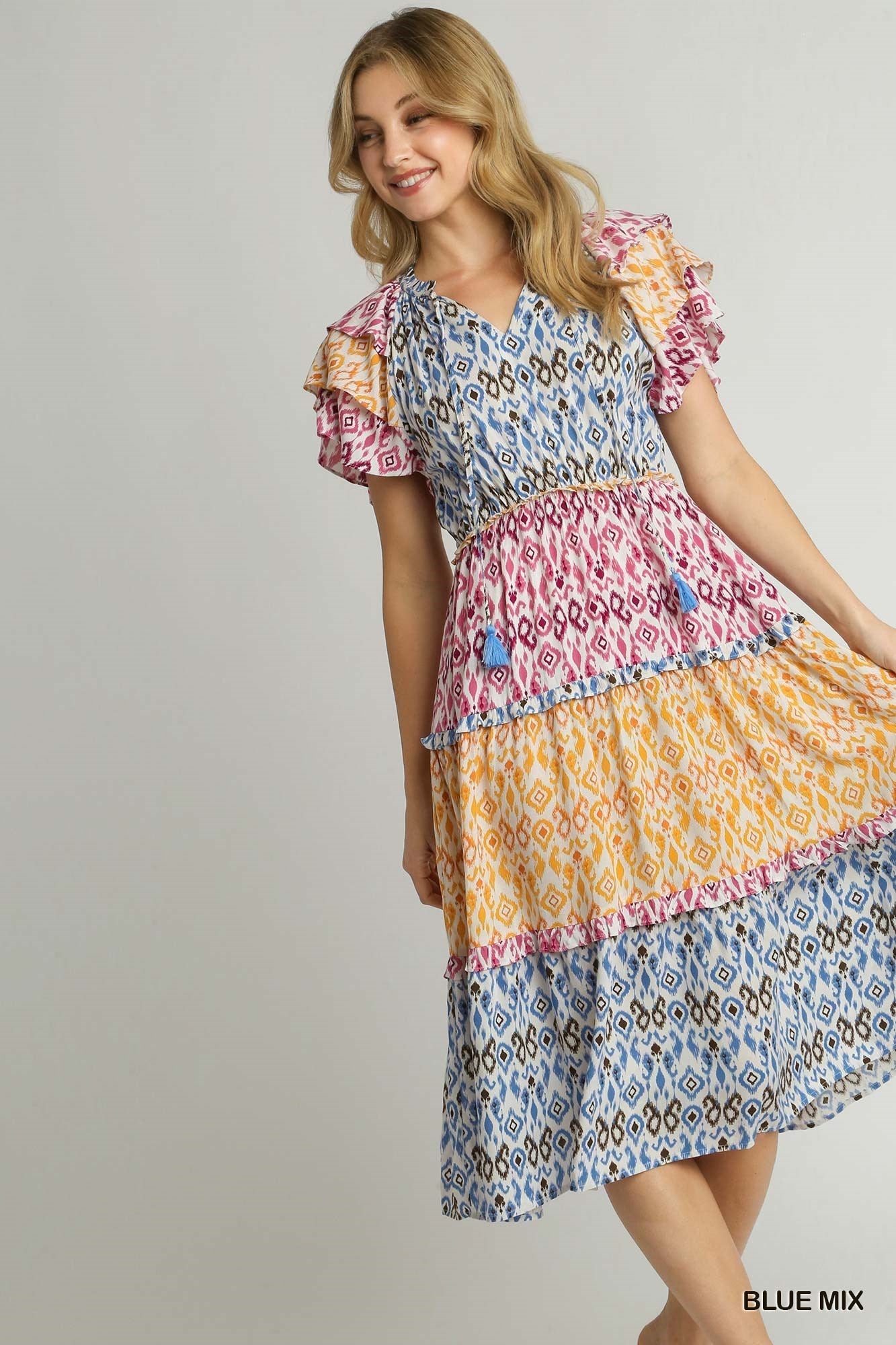 Multi-colored Blue, Yellow and Red Aztec Print Midi Dress with Tassel Front Tie & Ruffle Sleeves.