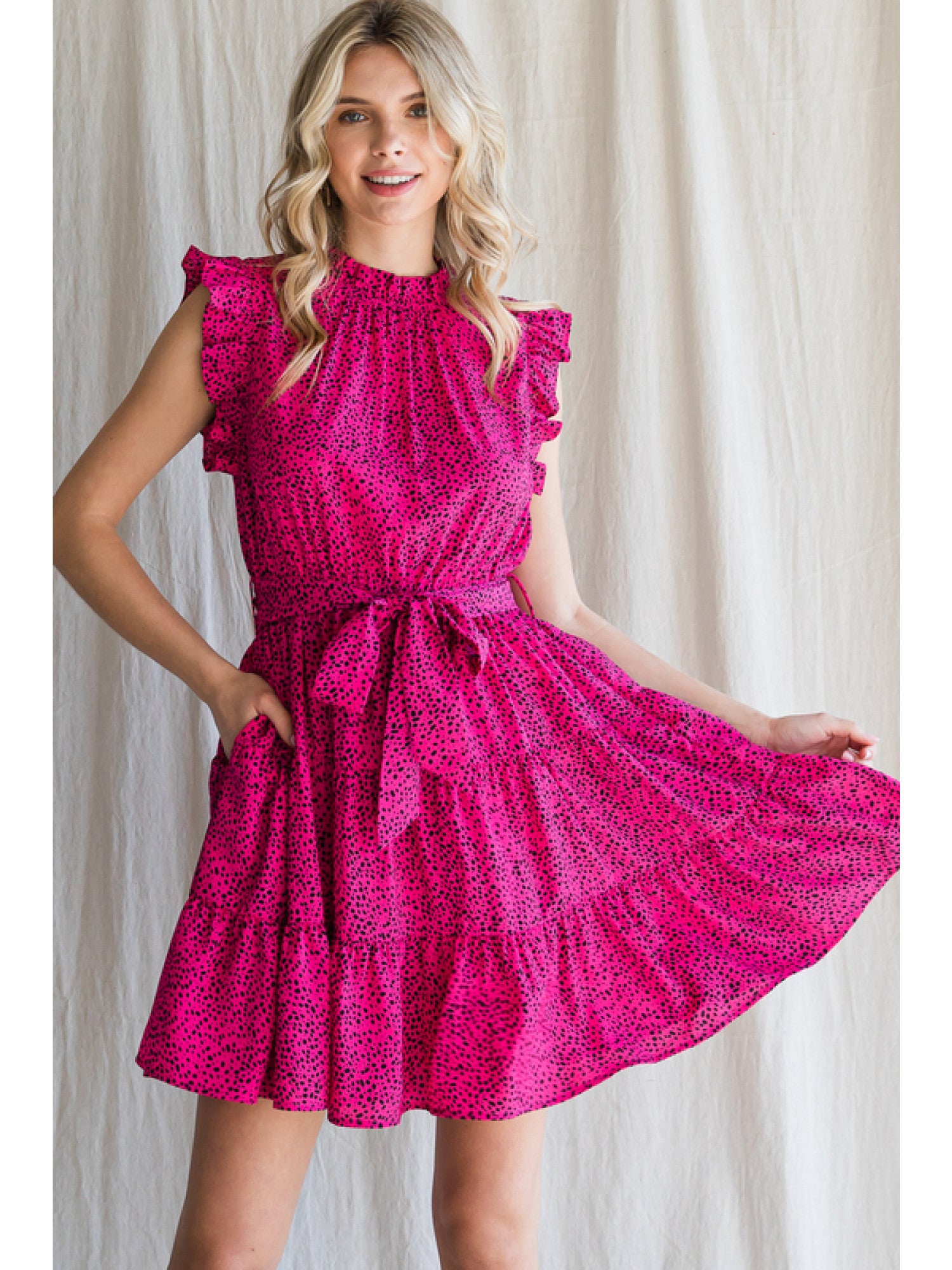 Hot Pink & Black Dot print dress, with Frilled Neck Ruffle Sleeve Dress, back keyhole, ruffled shoulder, self-tie waistline, side pockets, and tiered layer.