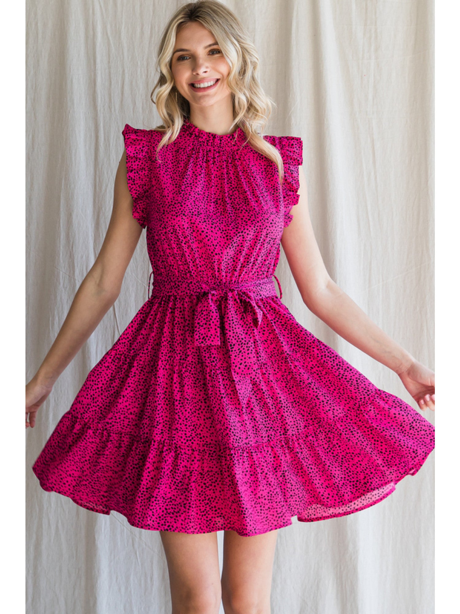 Hot Pink & Black Dot print dress, with Frilled Neck Ruffle Sleeve Dress, back keyhole, ruffled shoulder, self-tie waistline, side pockets, and tiered layer.