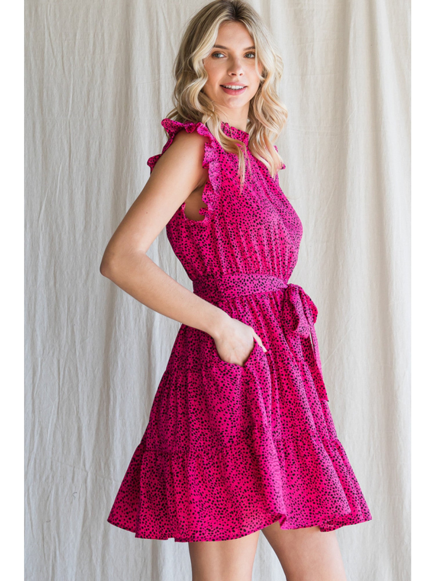 Hot Pink & Black Dot print dress, with Frilled Neck Ruffle Sleeve Dress, back keyhole, ruffled shoulder, self-tie waistline, side pockets, and tiered layer.