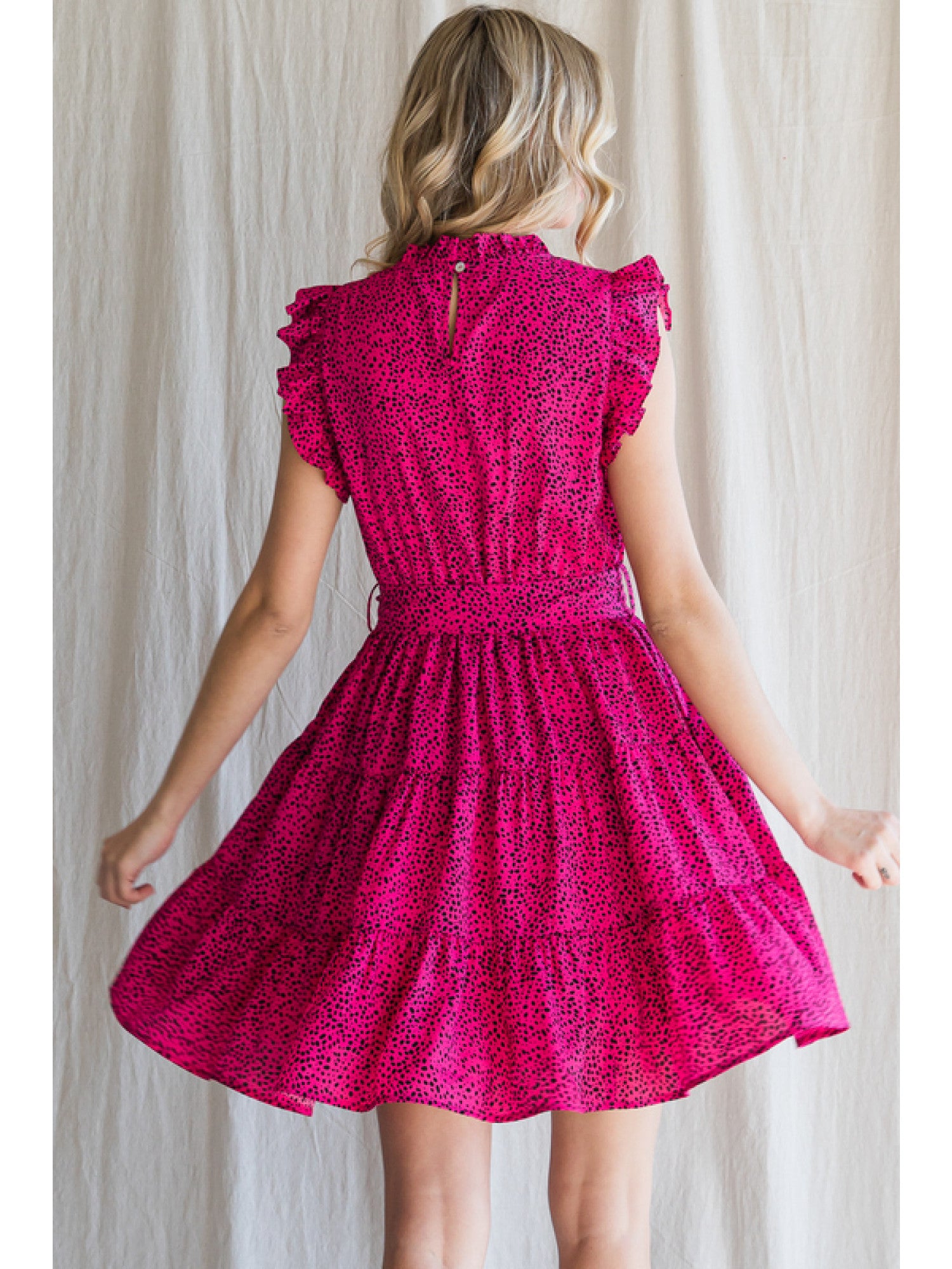 Hot Pink & Black Dot print dress, with Frilled Neck Ruffle Sleeve Dress, back keyhole, ruffled shoulder, self-tie waistline, side pockets, and tiered layer.