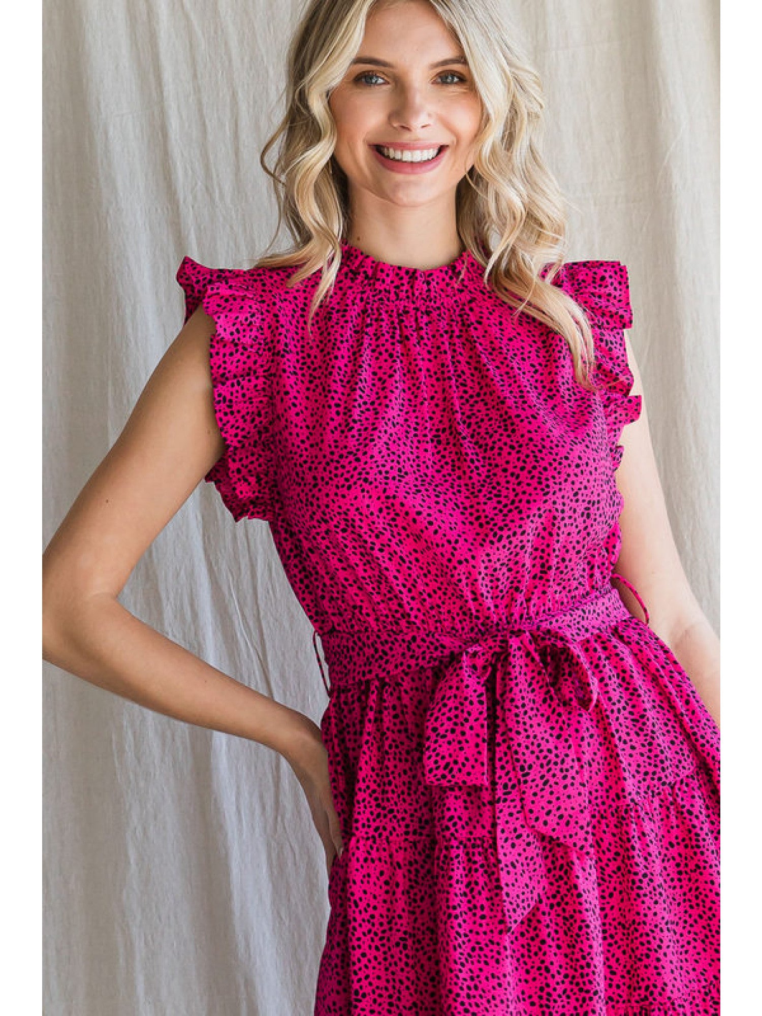 Hot Pink & Black Dot print dress, with Frilled Neck Ruffle Sleeve Dress, back keyhole, ruffled shoulder, self-tie waistline, side pockets, and tiered layer.