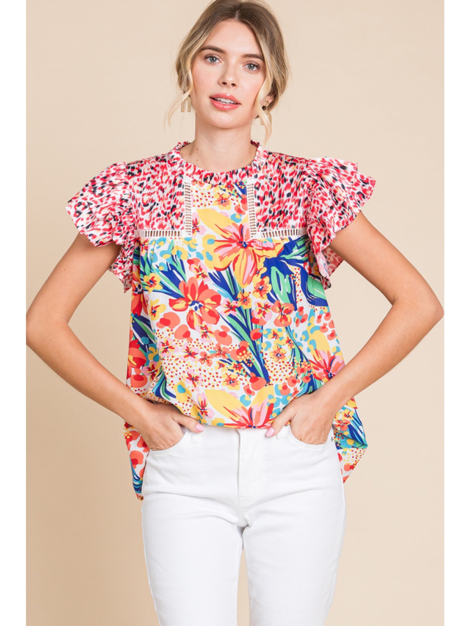Red mix multicolor floral print top with frilled neck and ruffle cap sleeve.