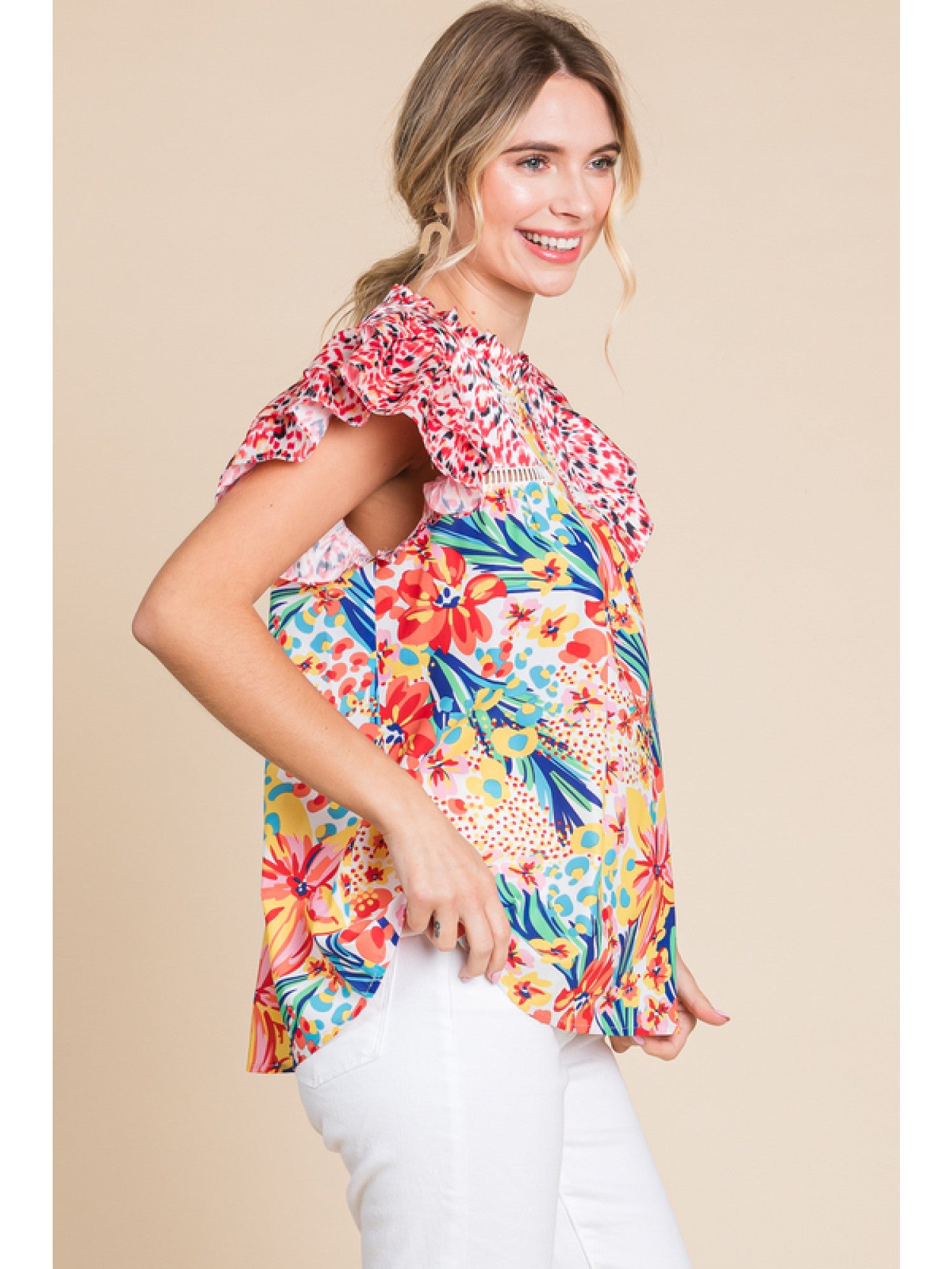 Red mix multicolor floral print top with frilled neck and ruffle cap sleeve.