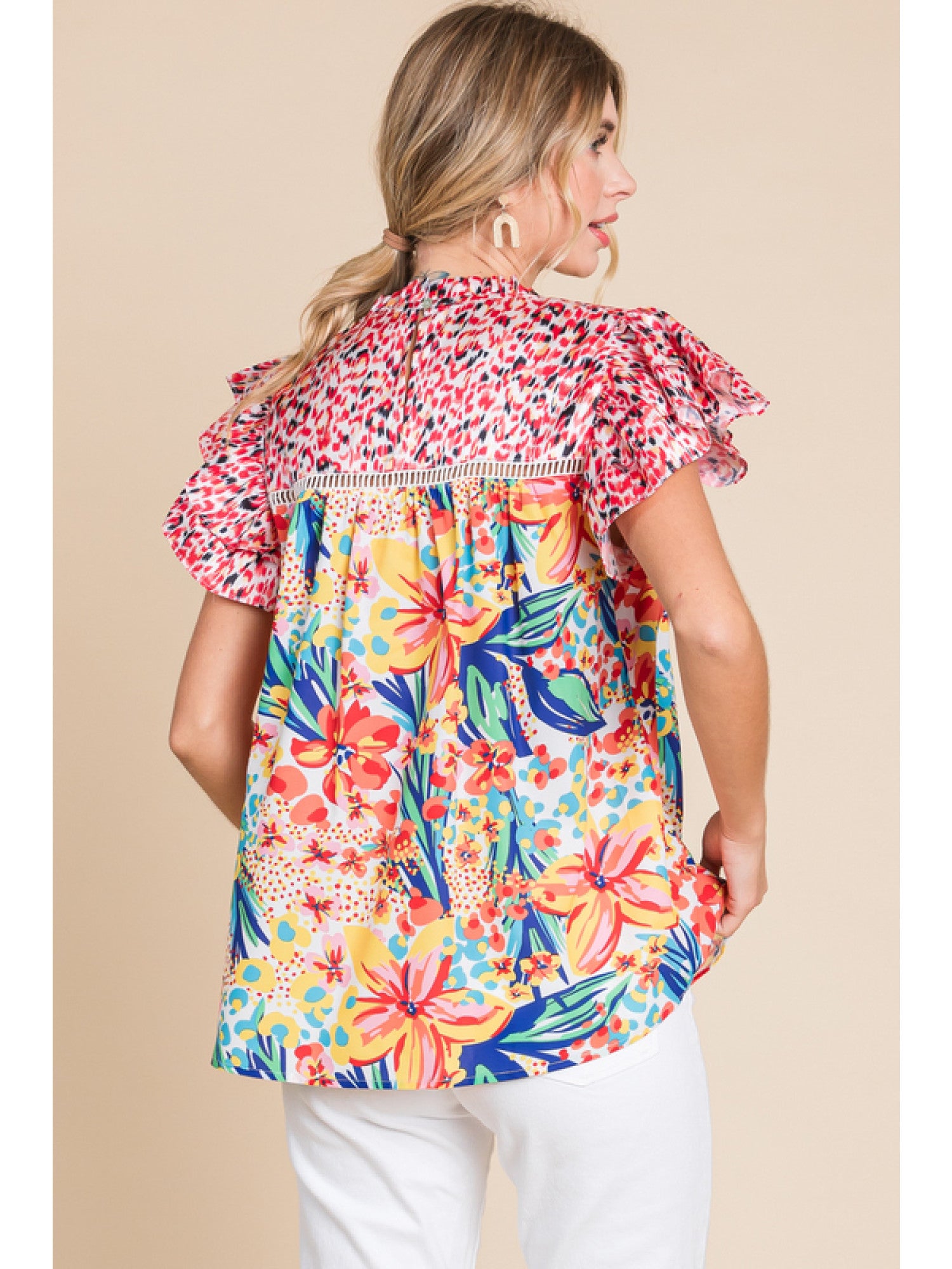 Red mix multicolor floral print top with frilled neck and ruffle cap sleeve.