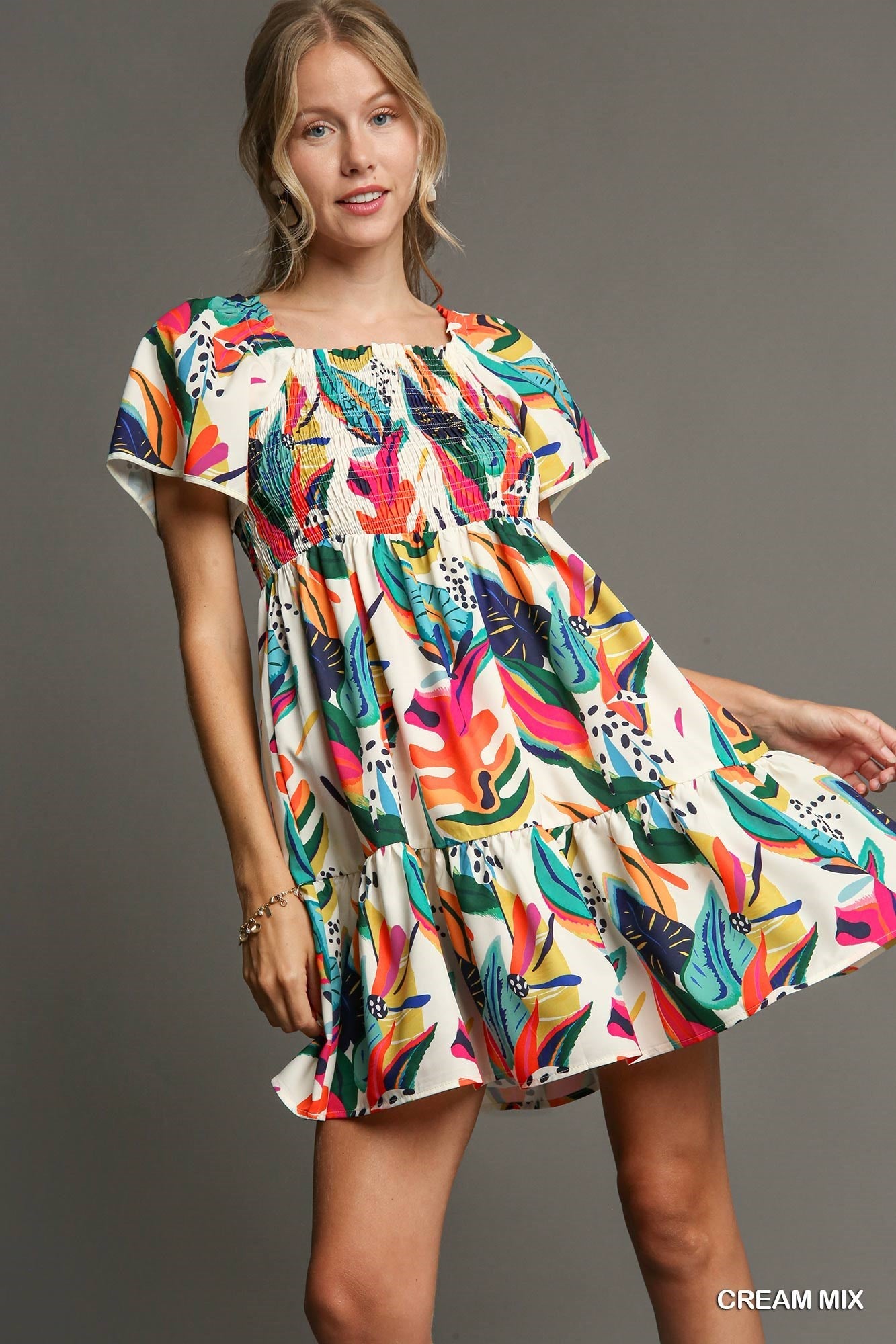 Off White Tropical Print Smocked Detail Short Dress