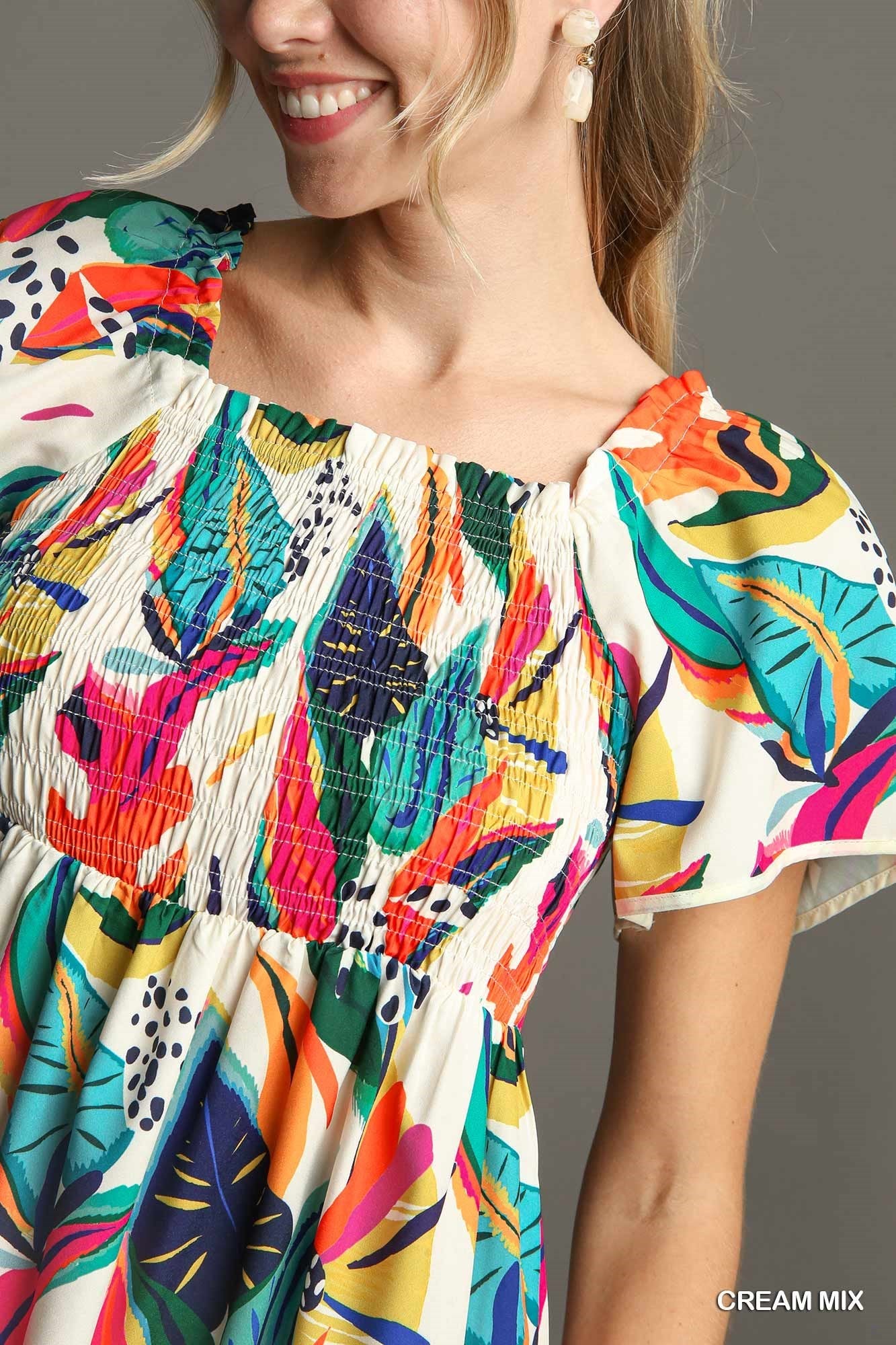 Off White Tropical Print Smocked Detail Short Dress