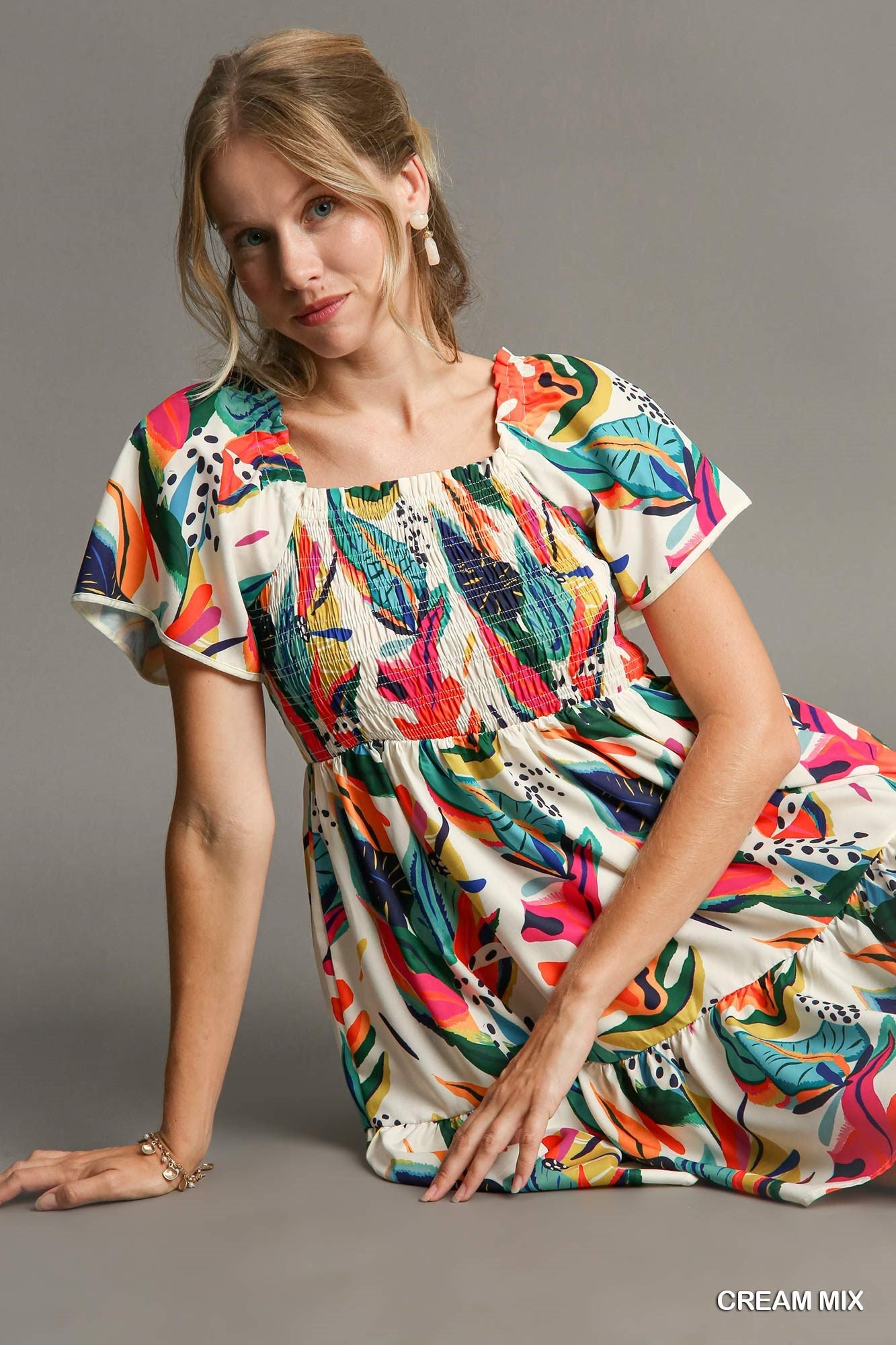 Off White Tropical Print Smocked Detail Short Dress