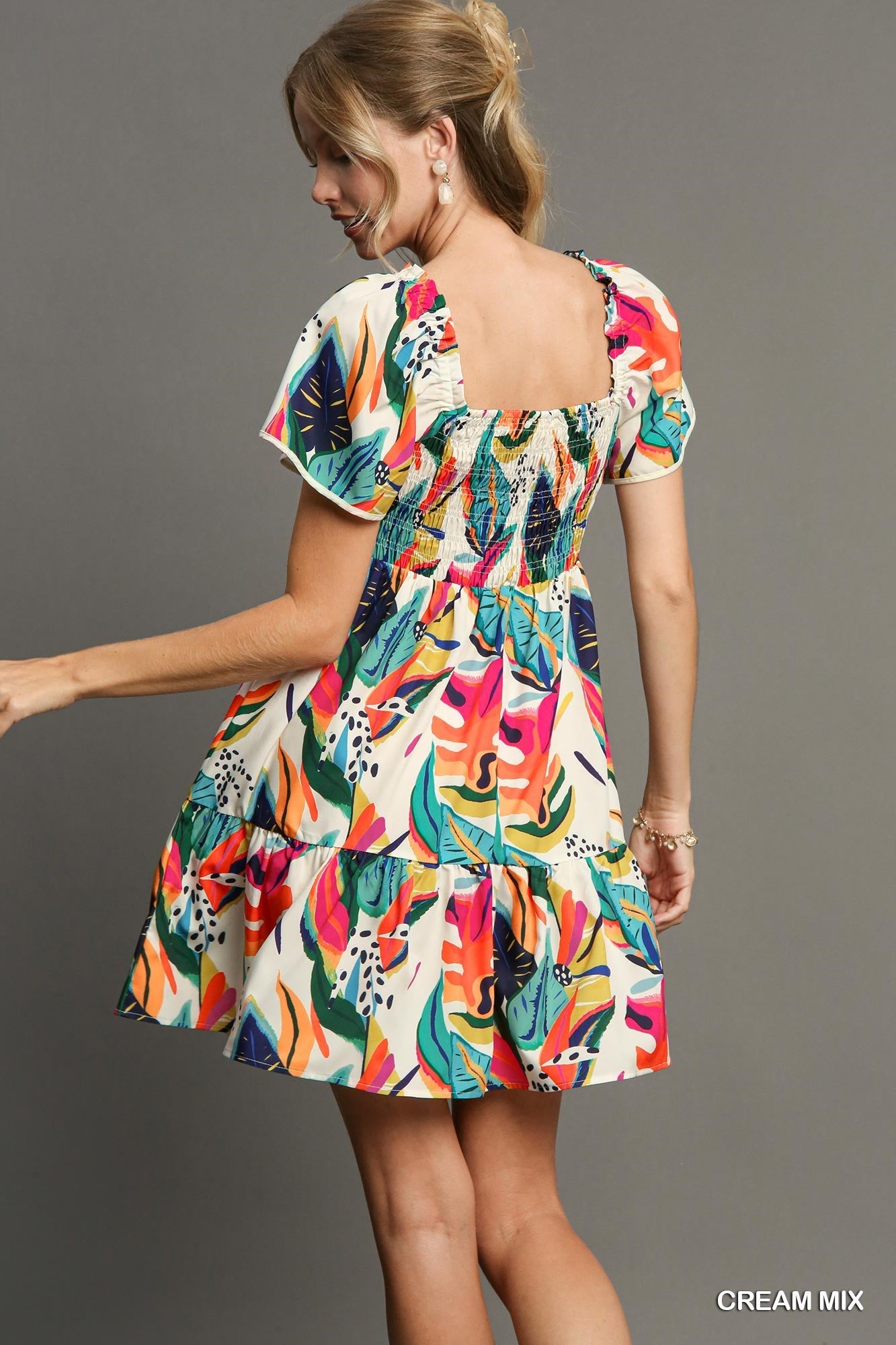 Off White Tropical Print Smocked Detail Short Dress