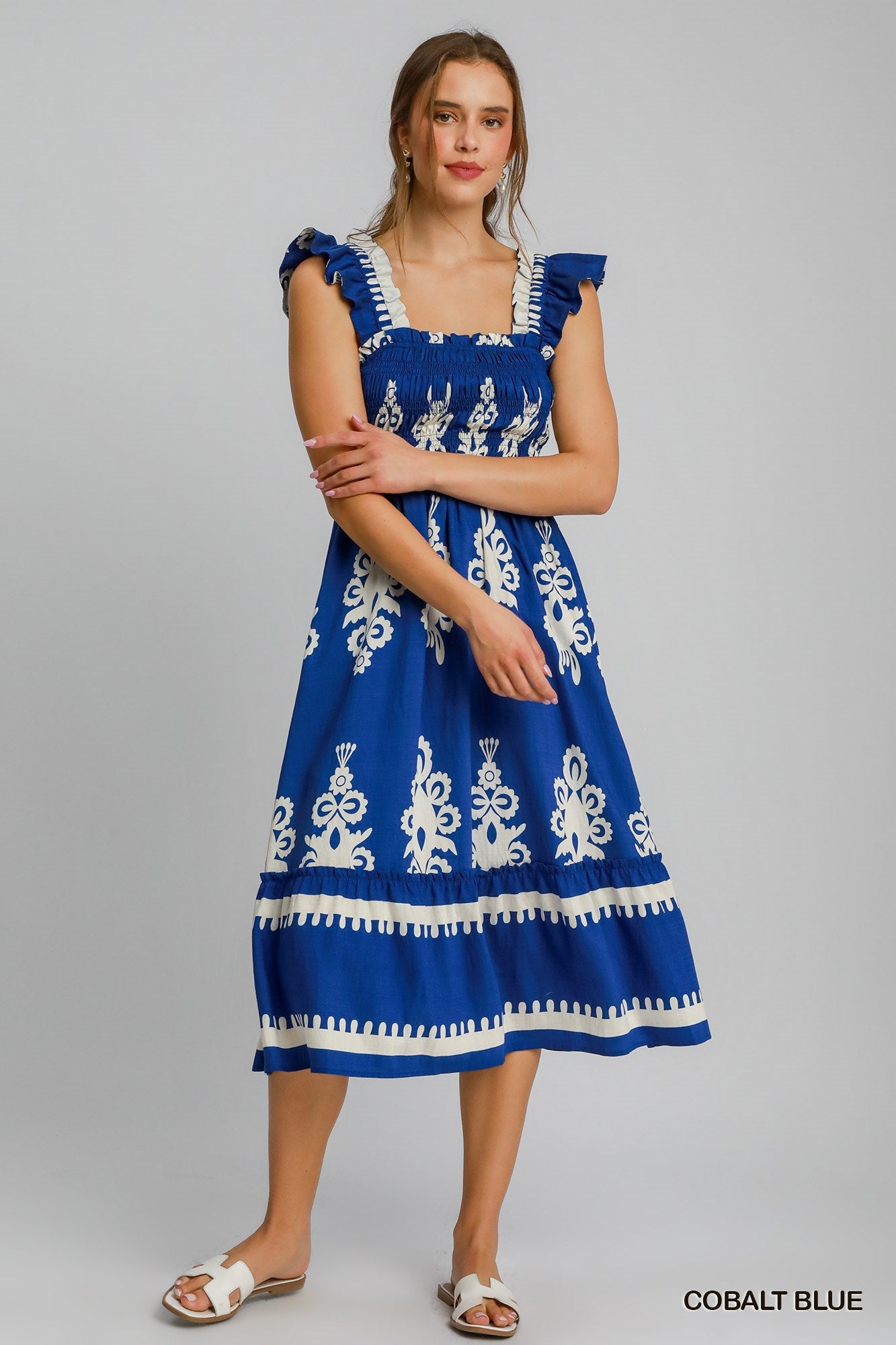 Cobalt Blue and White Boho Embroidered Smocked A-line Midi Dress