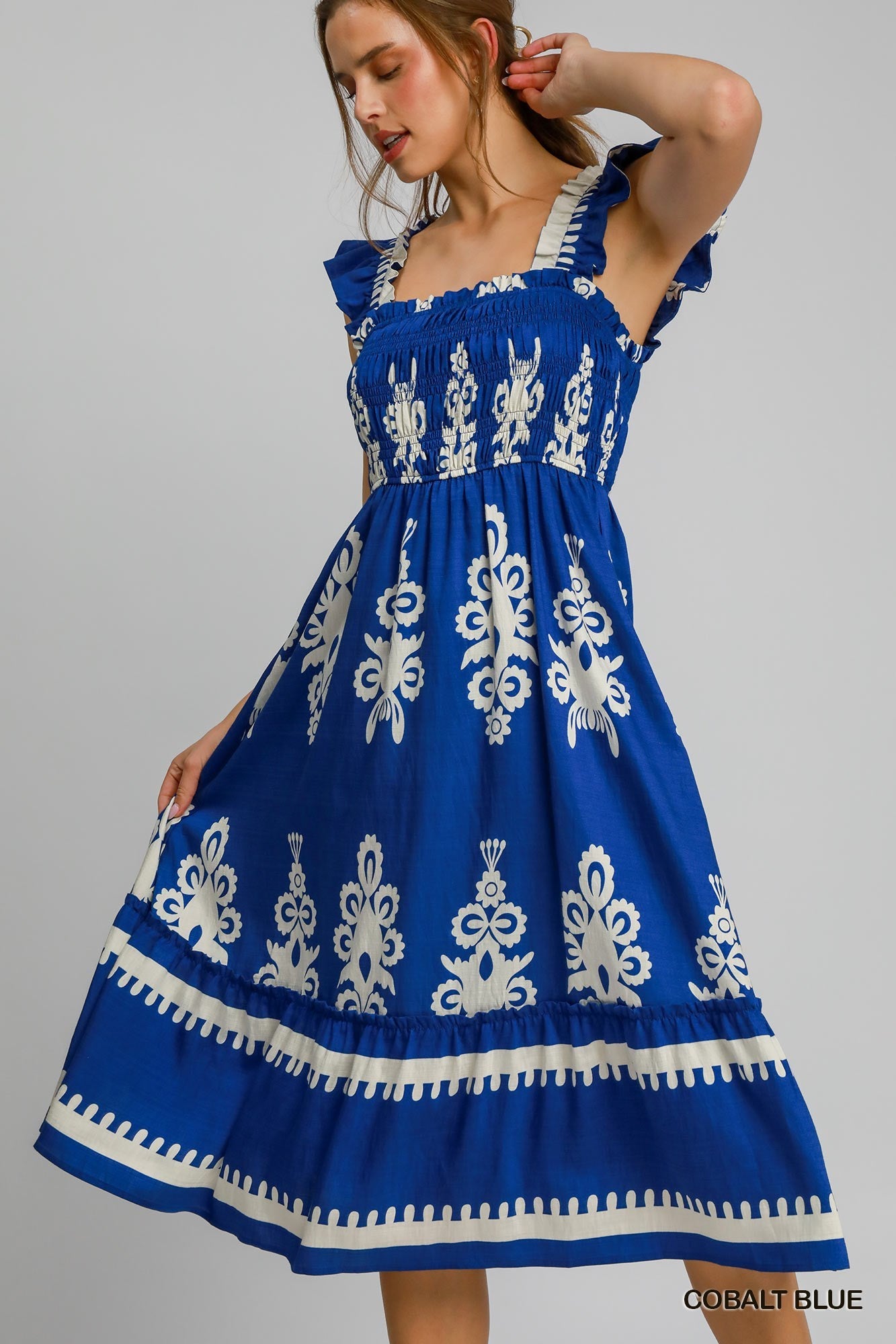 Cobalt Blue and White Boho Embroidered Smocked A-line Midi Dress