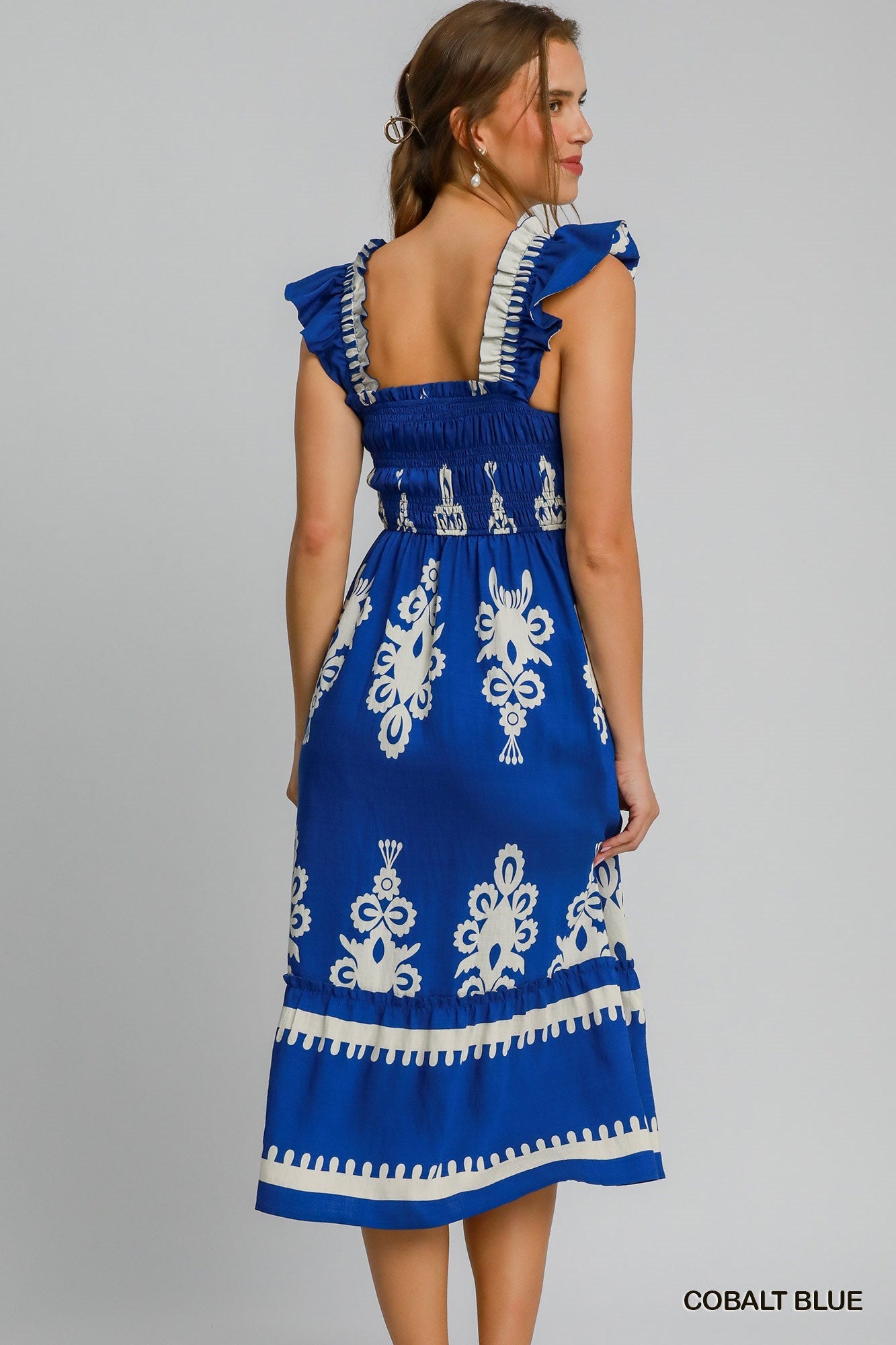 Cobalt Blue and White Boho Embroidered Smocked A-line Midi Dress
