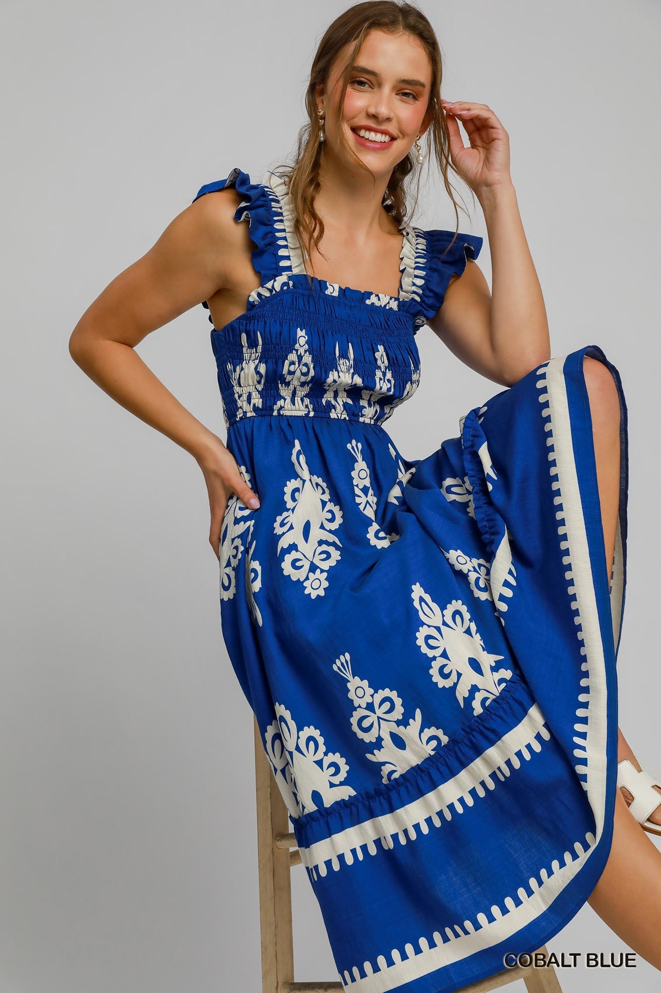 Cobalt Blue and White Boho Embroidered Smocked A-line Midi Dress