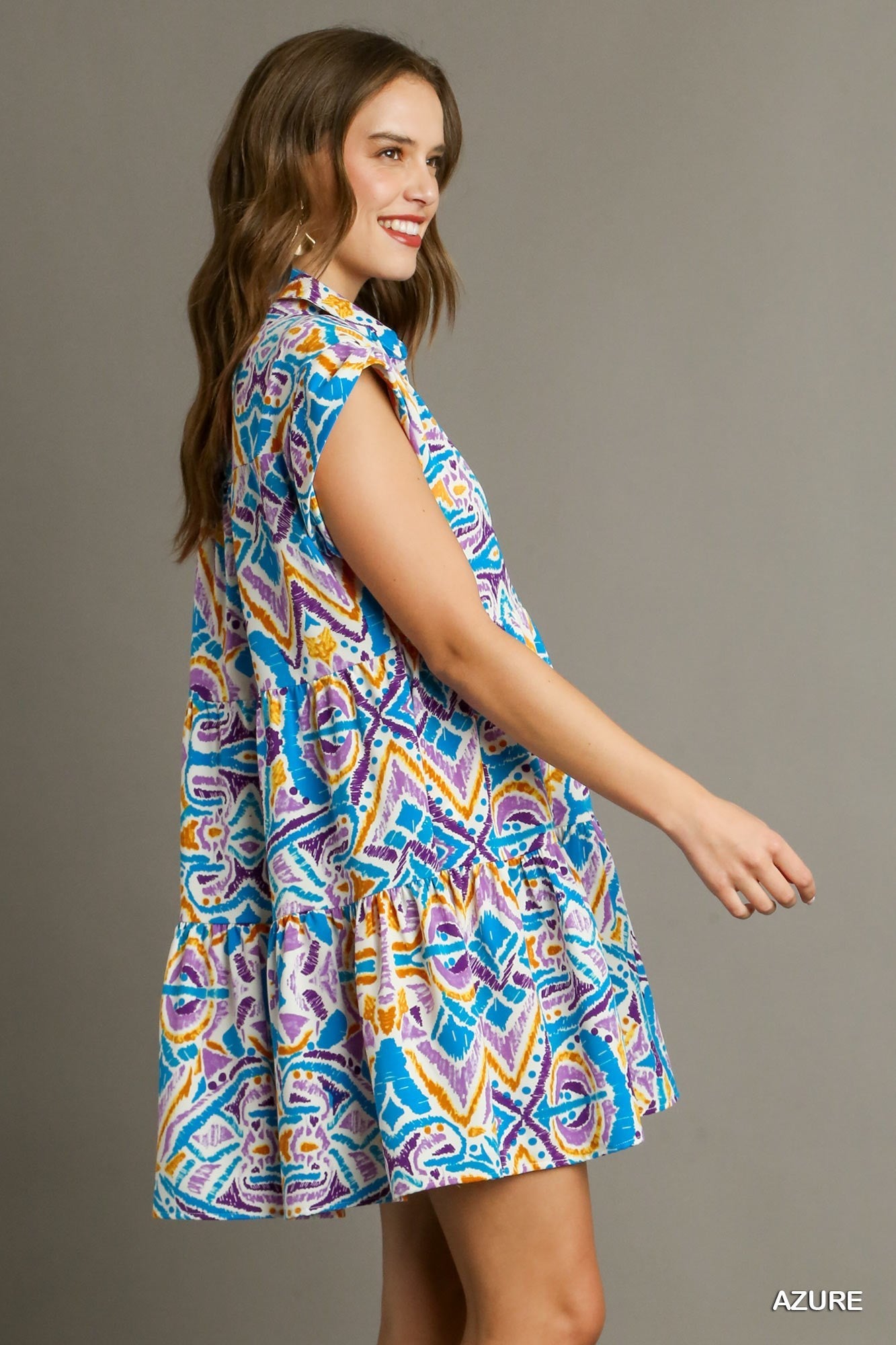 Azure Blue Aztec Printed Tiered Short Collared Mid Button Dress with Side Pockets
Colors: Azure Blue, Purple, Lavendar, Golden Yellow