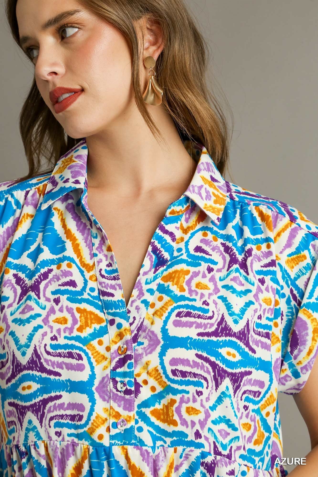 Azure Blue Aztec Printed Tiered Short Collared Mid Button Dress with Side Pockets
Colors: Azure Blue, Purple, Lavendar, Golden Yellow