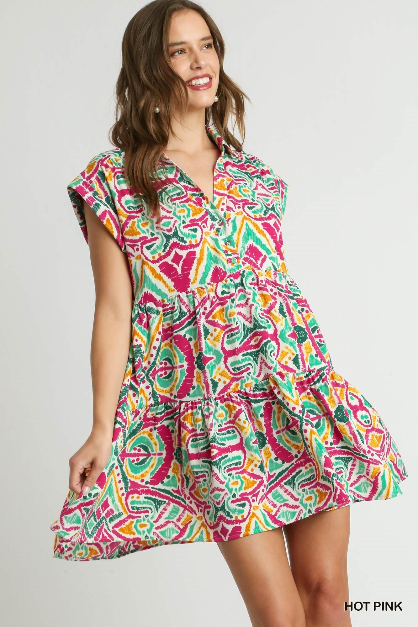 Hot Pink Aztec Printed Tiered Short Collared Mid Button Dress with Pockets
Aztech Print Colors: Hot Pink, Mint Green, Golden Yellow, Dark Green