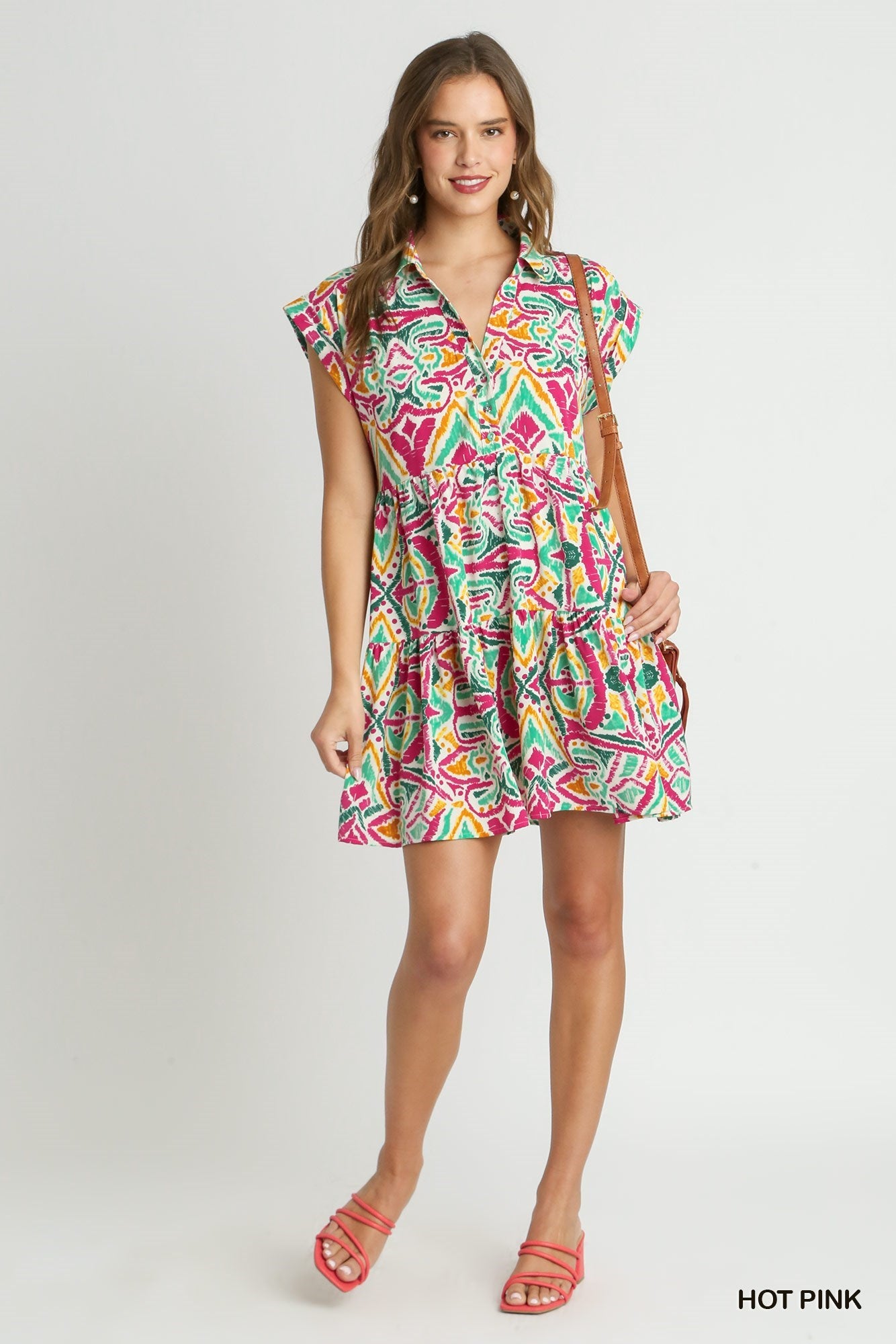 Hot Pink Aztec Printed Tiered Short Collared Mid Button Dress with Pockets
Aztech Print Colors: Hot Pink, Mint Green, Golden Yellow, Dark Green