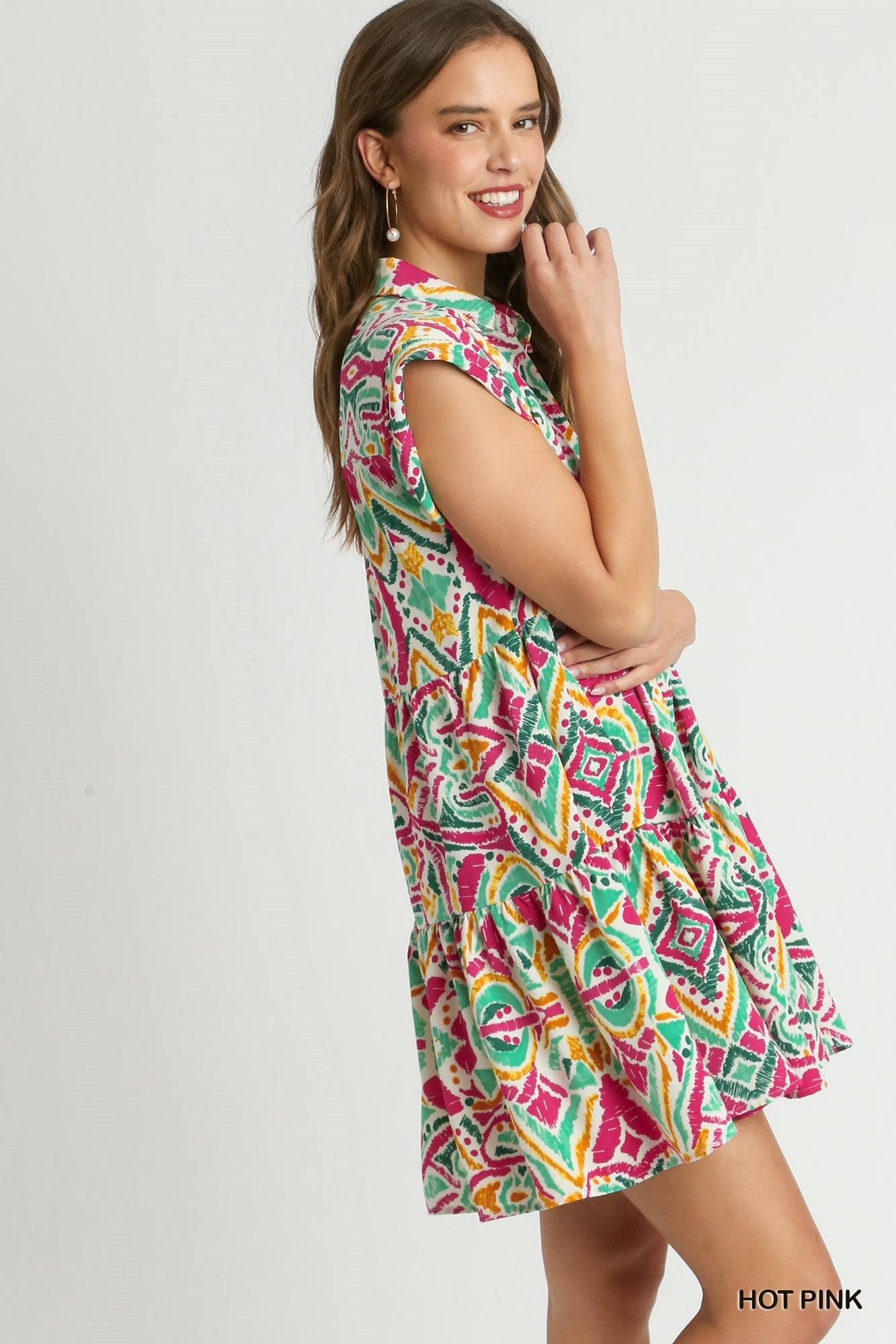 Hot Pink Aztec Printed Tiered Short Collared Mid Button Dress with Pockets
Aztech Print Colors: Hot Pink, Mint Green, Golden Yellow, Dark Green
