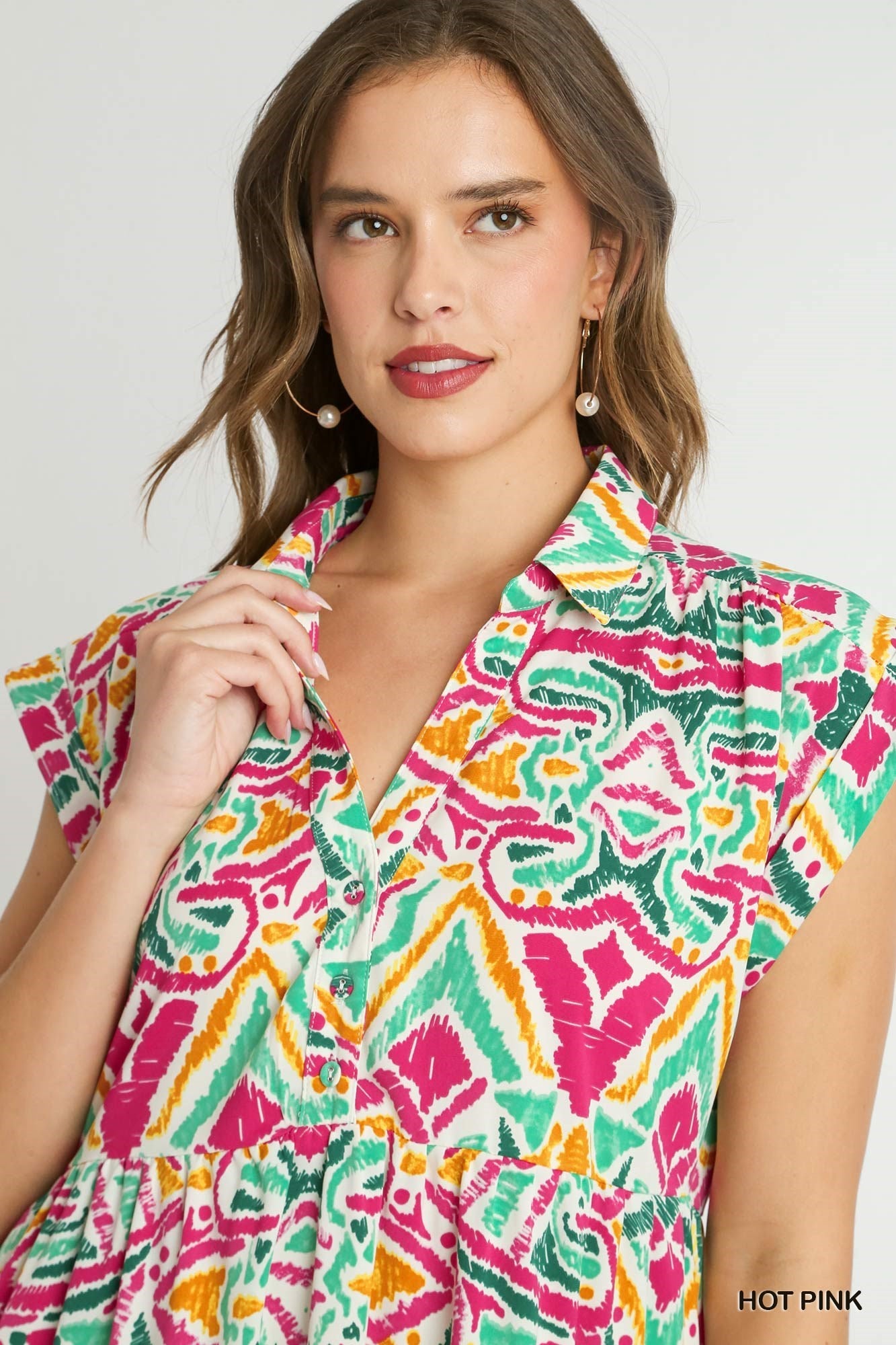 Hot Pink Aztec Printed Tiered Short Collared Mid Button Dress with Pockets
Aztech Print Colors: Hot Pink, Mint Green, Golden Yellow, Dark Green