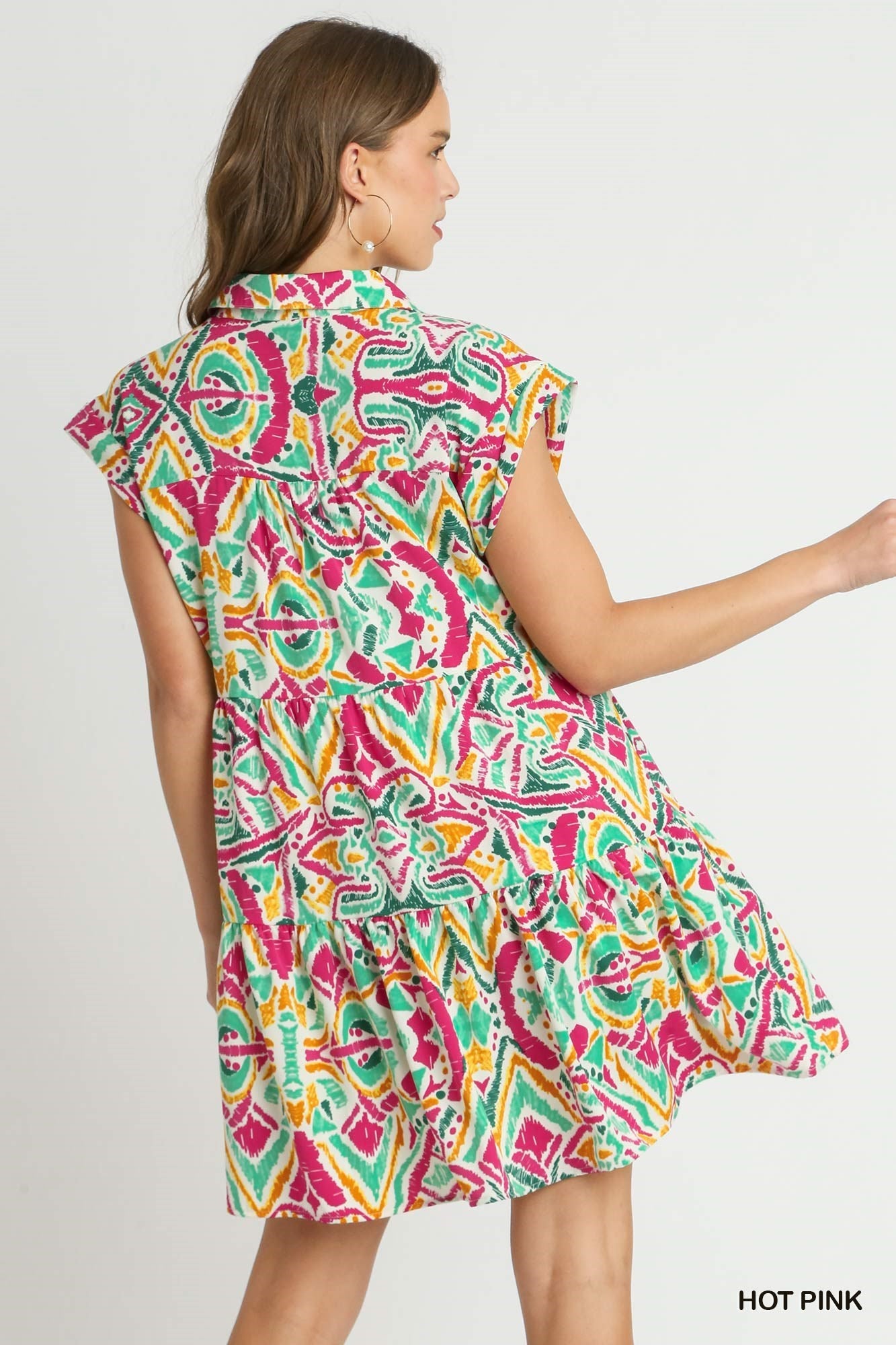 Hot Pink Aztec Printed Tiered Short Collared Mid Button Dress with Pockets
Aztech Print Colors: Hot Pink, Mint Green, Golden Yellow, Dark Green