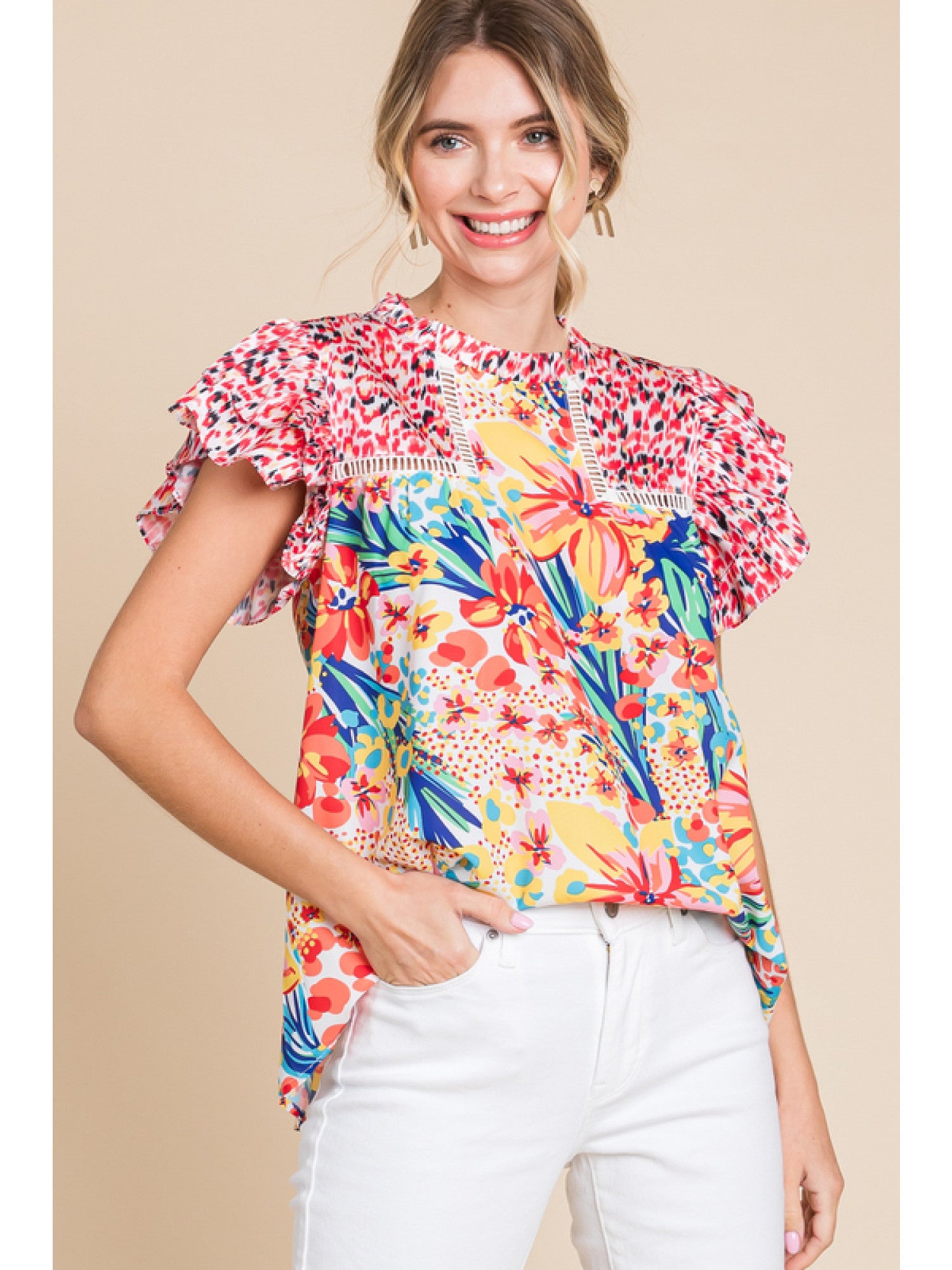Red mix multicolor floral print top with frilled neck and ruffle cap sleeves.