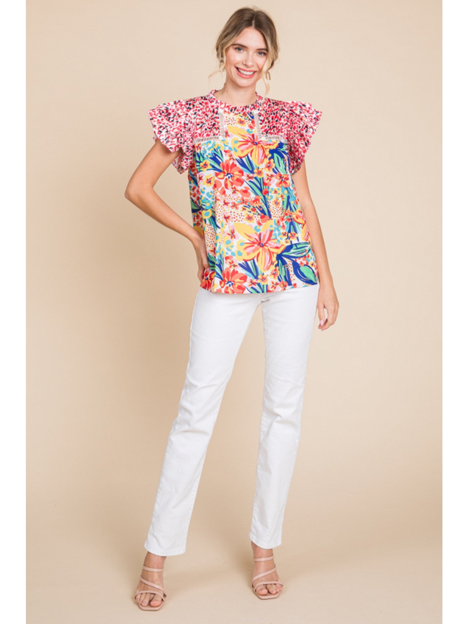 Red mix multicolor floral print top with frilled neck and ruffle cap sleeve.