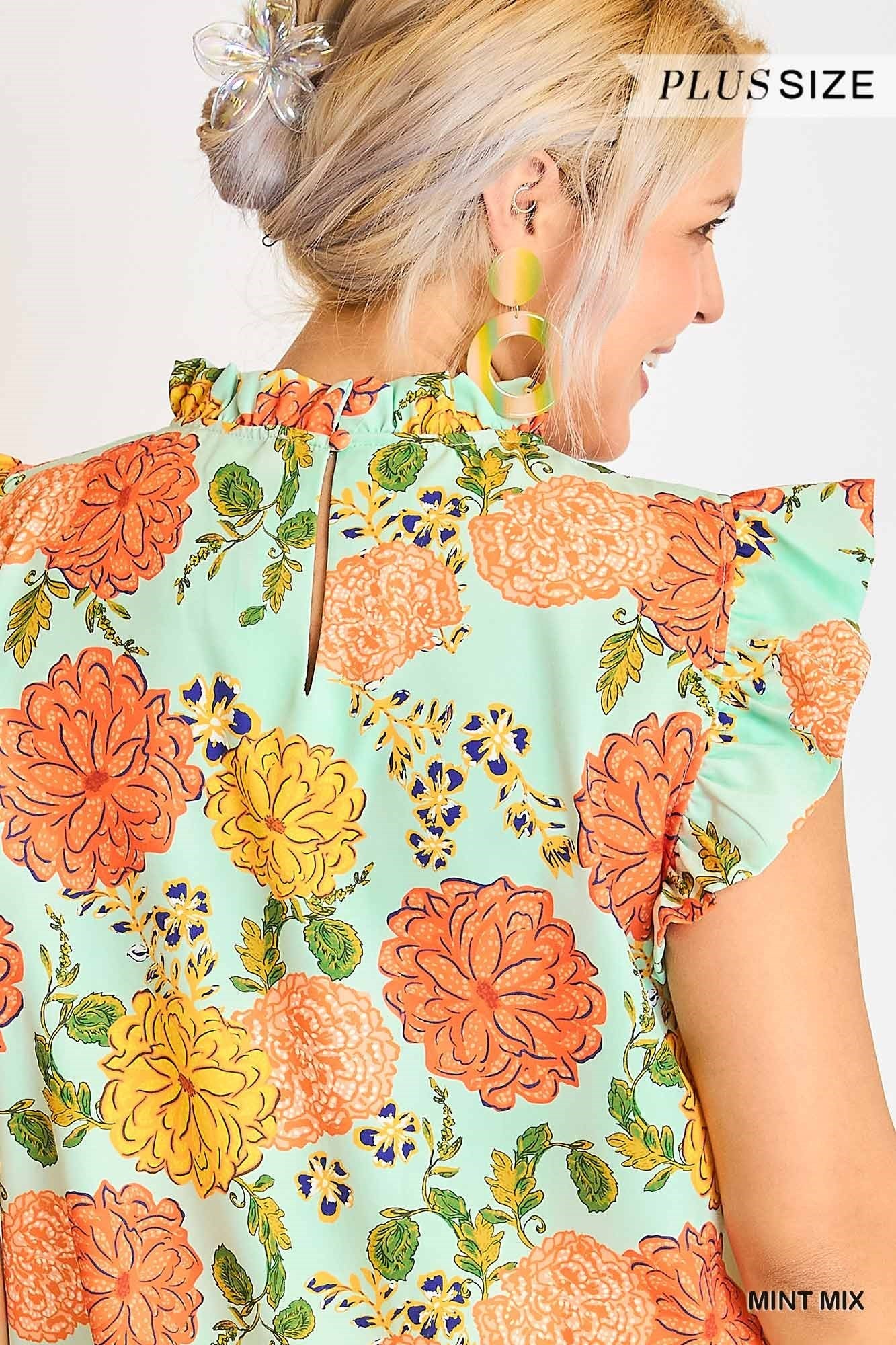 Mint Floral Print High Ruffle Neck Boxy Cut Top with Ruffle Sleeve. Orange & Pink Floral Design.