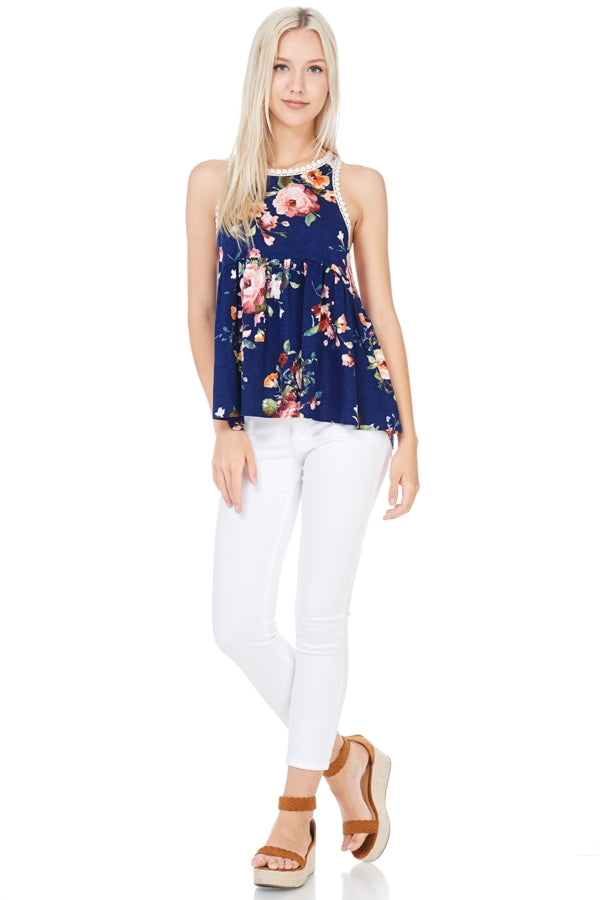 Navy Floral Print Racerback Babydoll Top with Crochet Lace Detail