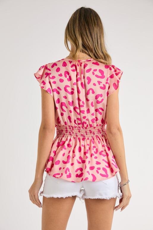 Pink Valentine mood Leopard satin top with V-neck and smocked waist. and Ruffle Sleeves.