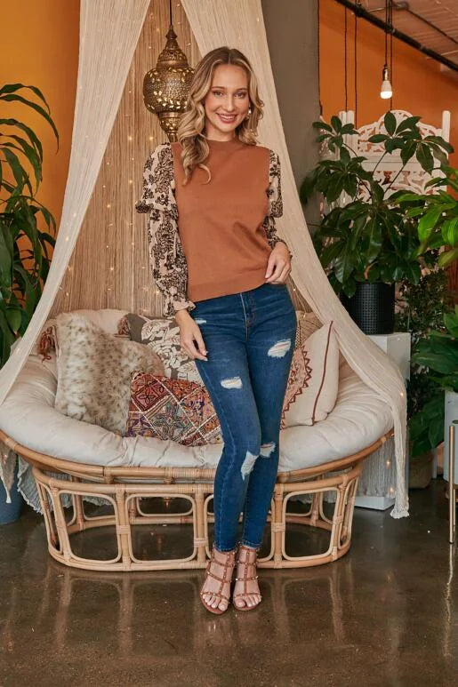 Camel Brown Jacquard organza sleeve and sweater mixed top, with round neckline and elastic arm bands. Wear with sleeves down or pull sleeves up to elbow for a bell sleeve look.