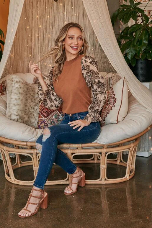 Camel Brown Jacquard organza sleeve and sweater mixed top, with round neckline and elastic arm bands. Wear with sleeves down or pull sleeves up to elbow for a bell sleeve look.