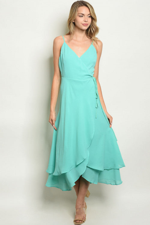 Mint sleeveless v-neck wrap style maxi dress.