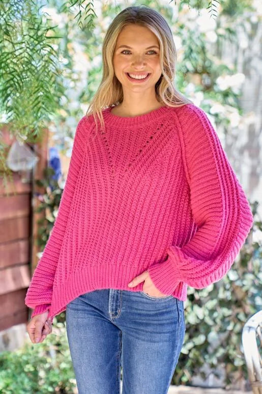Brighten up your Fall with this Gorgeous Fuchsia Chevron Textured Sweater.
Roomy Fit with Bubble Sleeve and Out seam detail on the armhole. Size down one for a more fitted look.