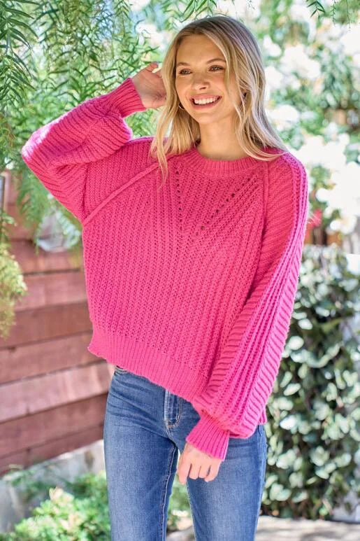 Brighten up your Fall with this Gorgeous Fuchsia Chevron Textured Sweater.
Roomy Fit with Bubble Sleeve and Out seam detail on the armhole. Size down one for a more fitted look.