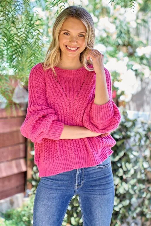 Brighten up your Fall with this Gorgeous Fuchsia Chevron Textured Sweater.
Roomy Fit with Bubble Sleeve and Out seam detail on the armhole. Size down one for a more fitted look.
