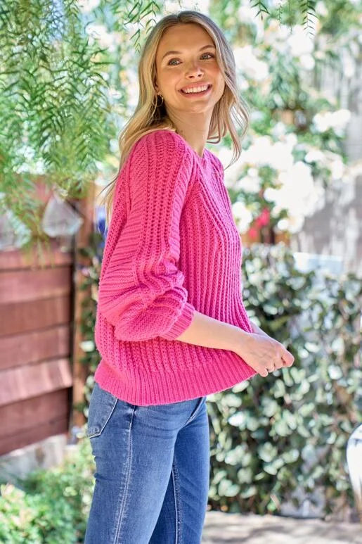 Brighten up your Fall with this Gorgeous Fuchsia Chevron Textured Sweater.
Roomy Fit with Bubble Sleeve and Out seam detail on the armhole. Size down one for a more fitted look.