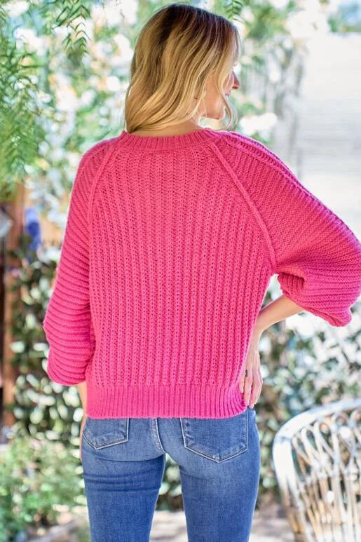 Brighten up your Fall with this Gorgeous Fuchsia Chevron Textured Sweater.
Roomy Fit with Bubble Sleeve and Out seam detail on the armhole. Size down one for a more fitted look.