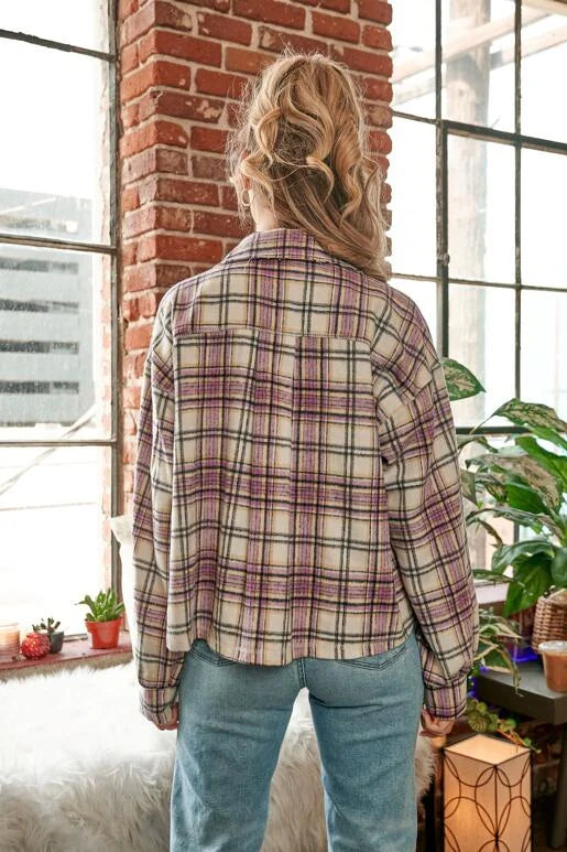 Lilac Plaid Crop Shacket with two button down front pockets, button front & sleeves.
Color: Lilac, Ivory and Black Plaid