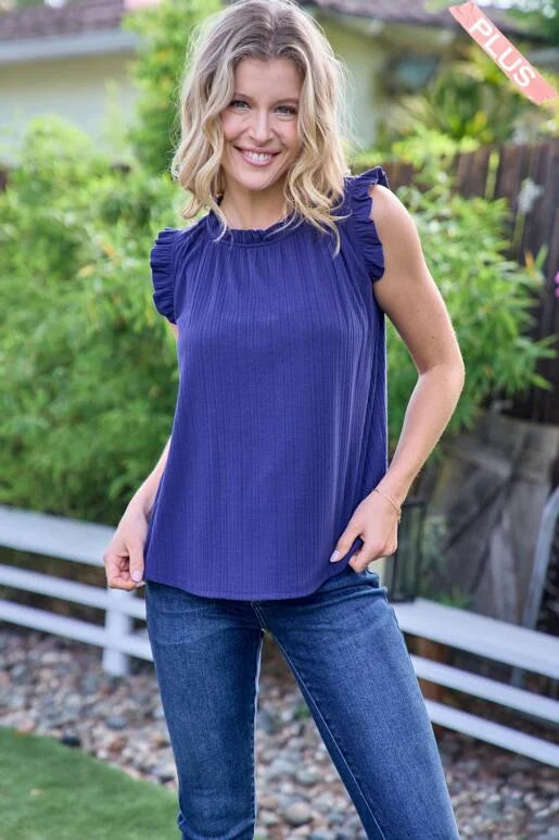 Breezy Navy Blue Rib Knit Short Sleeve Top, with Ruffled neck and sleeves.